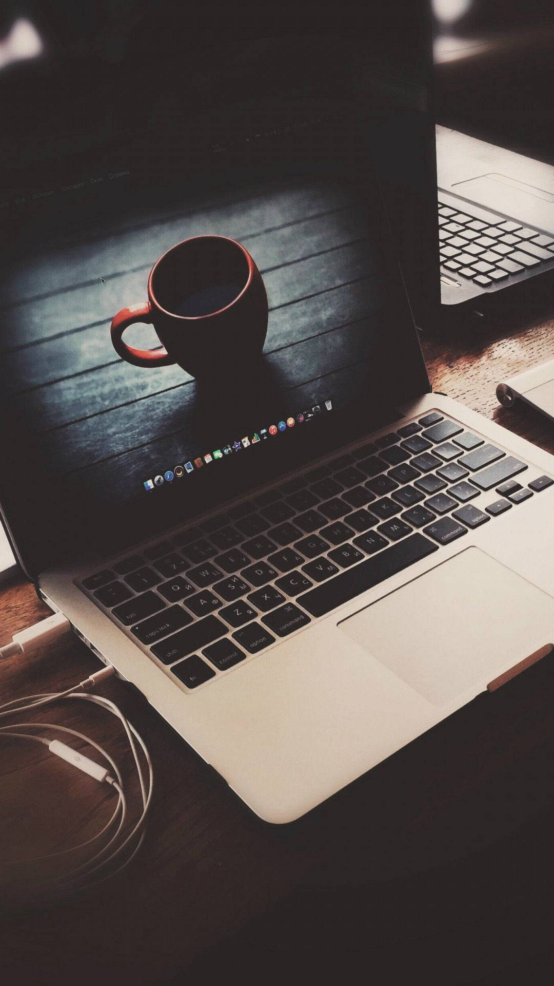 iPhone, laptop, wooden desk, Full HD Phone Wallpaper