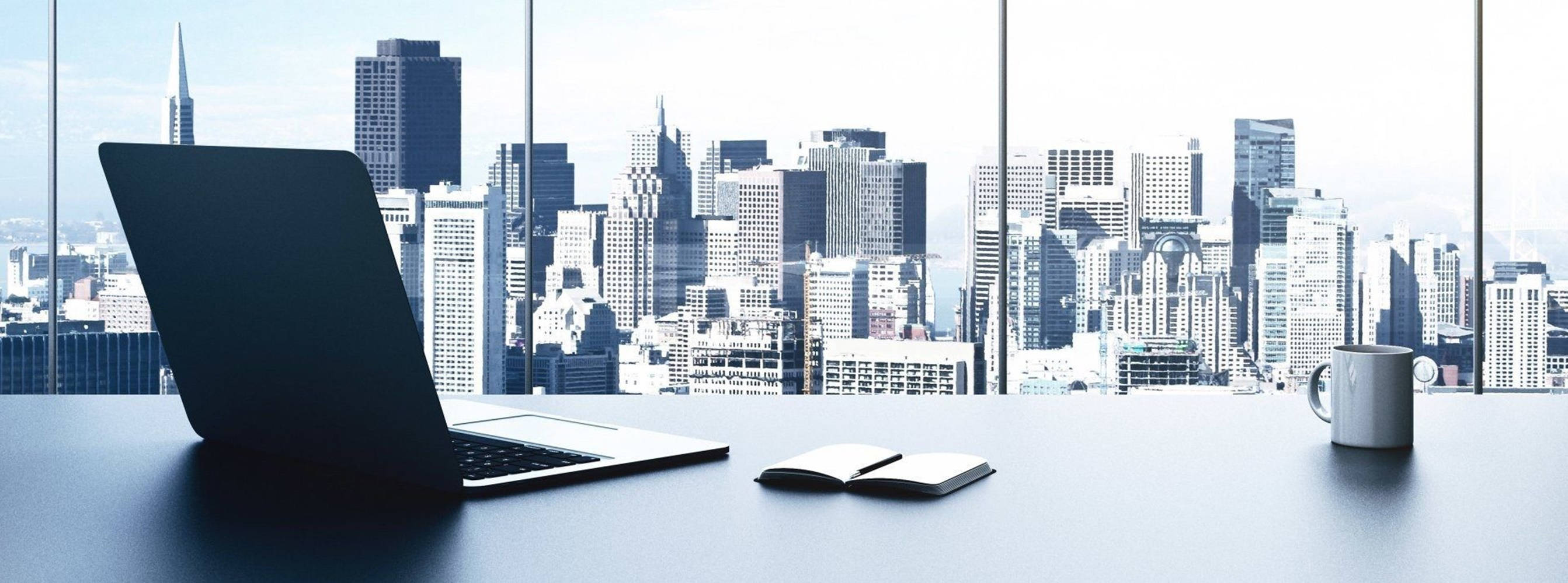 office desk, dark desk, floor-to-ceiling windows, 2K Desktop Wallpaper