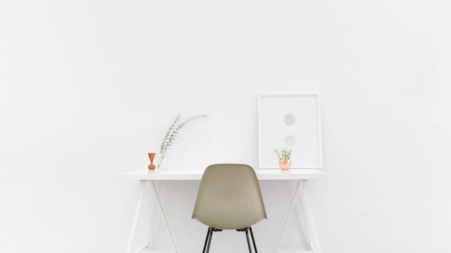 white desk, beige chair, small plant, Full HD Desktop Wallpaper