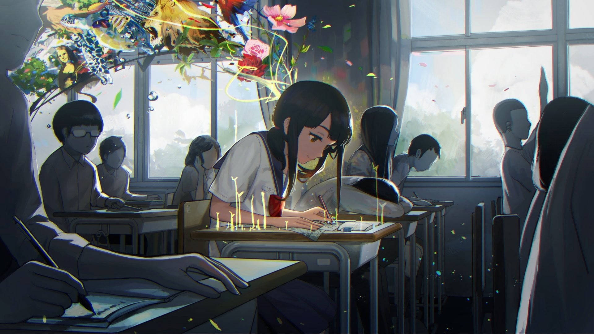 Glowing Girl Desk, classroom, fantastical creatures, Full HD Desktop Wallpaper