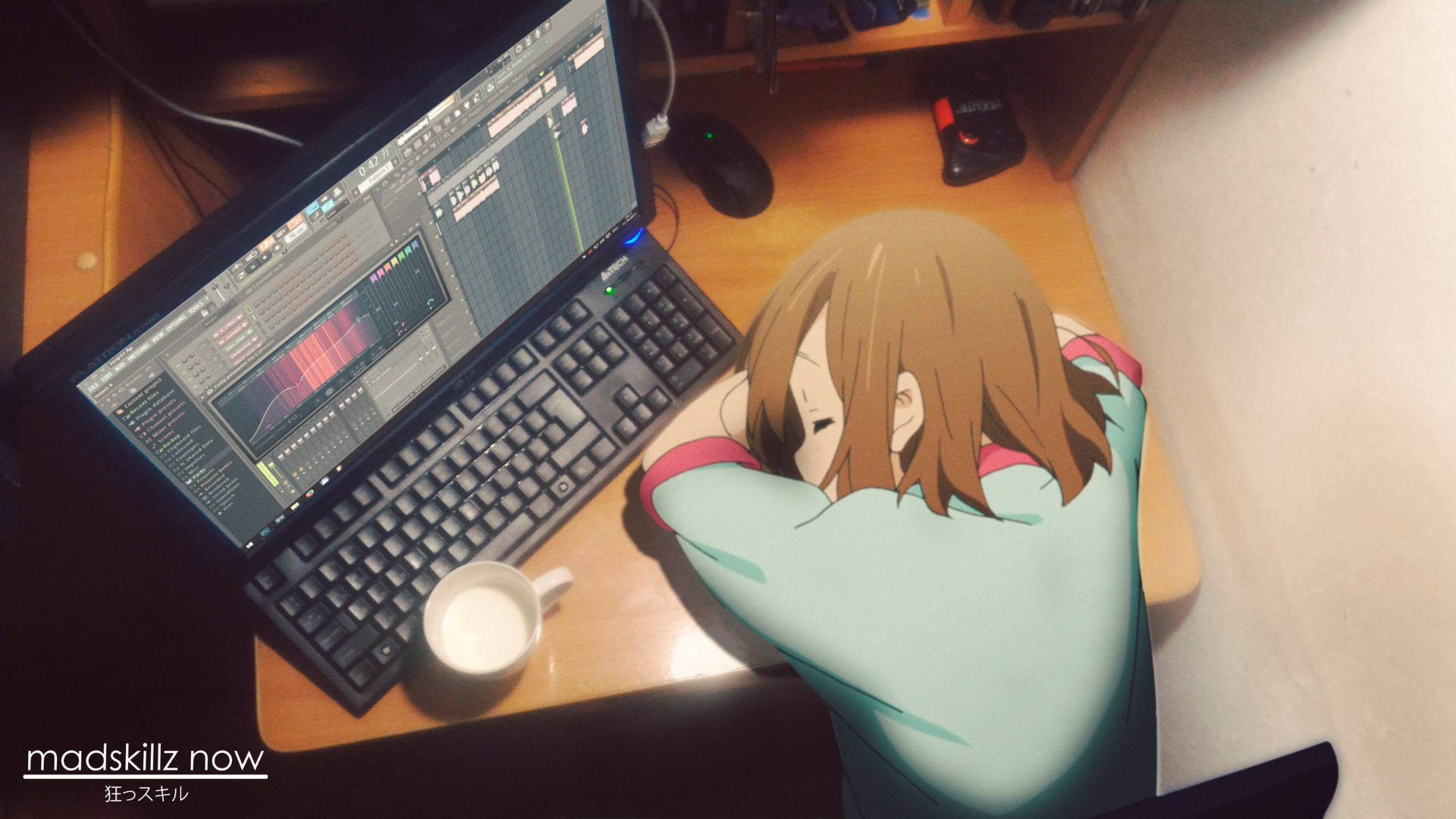 anime girl, desk, laptop, Full HD Desktop Wallpaper