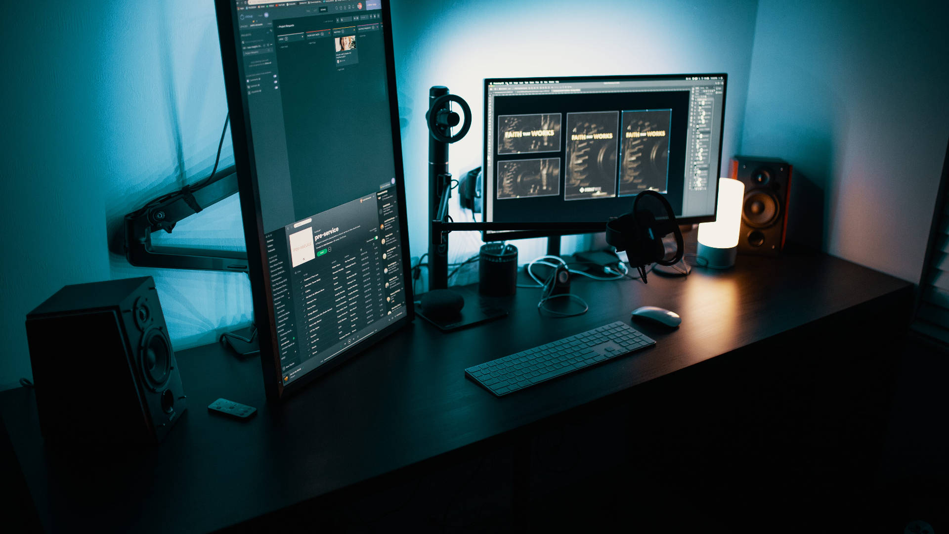 portrait desk monitor, home studio desk, cool blue glow, Full HD Desktop Wallpaper