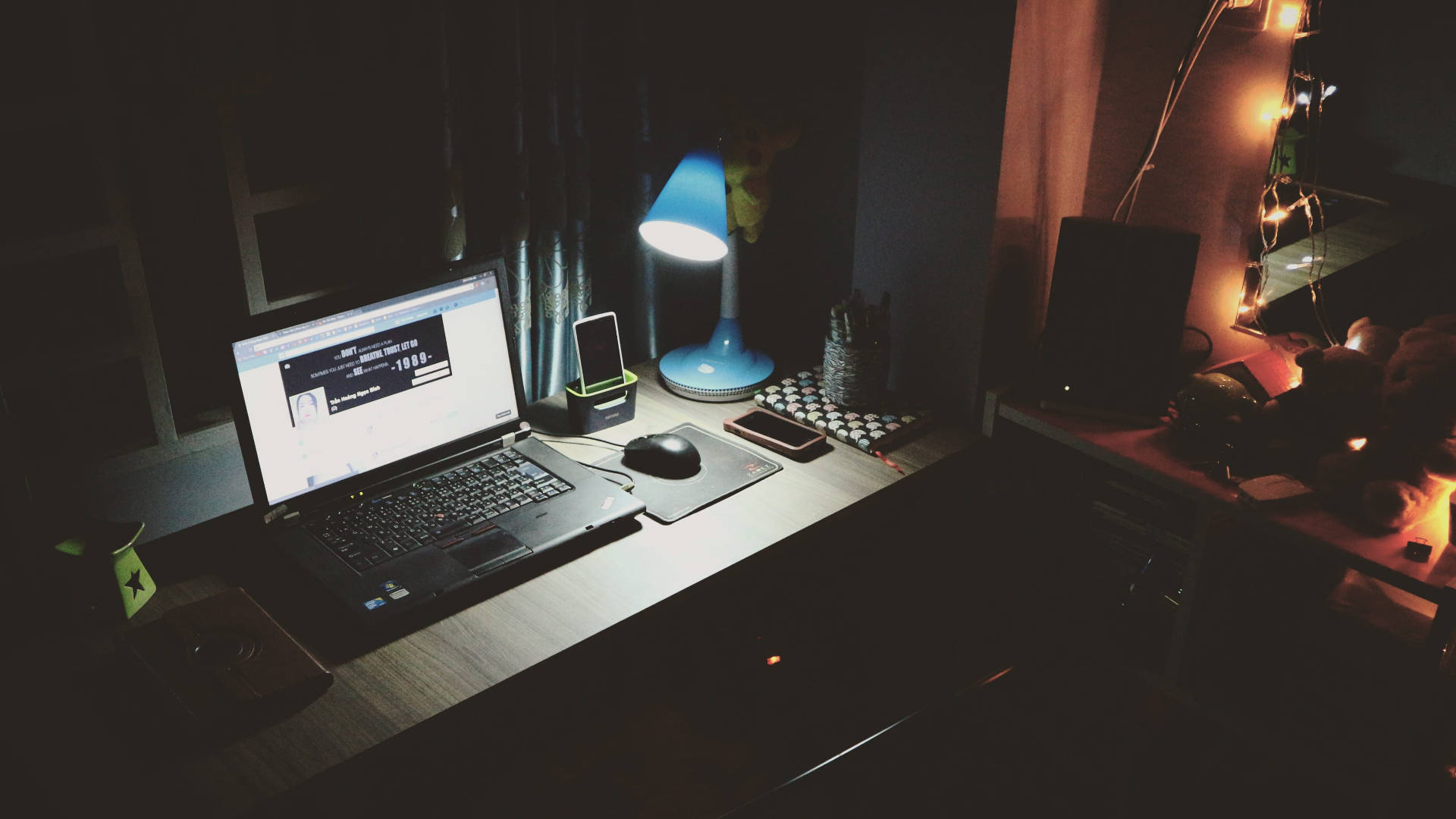 Midnight Desk Work, blue lamp, string lights, Full HD Desktop Wallpaper