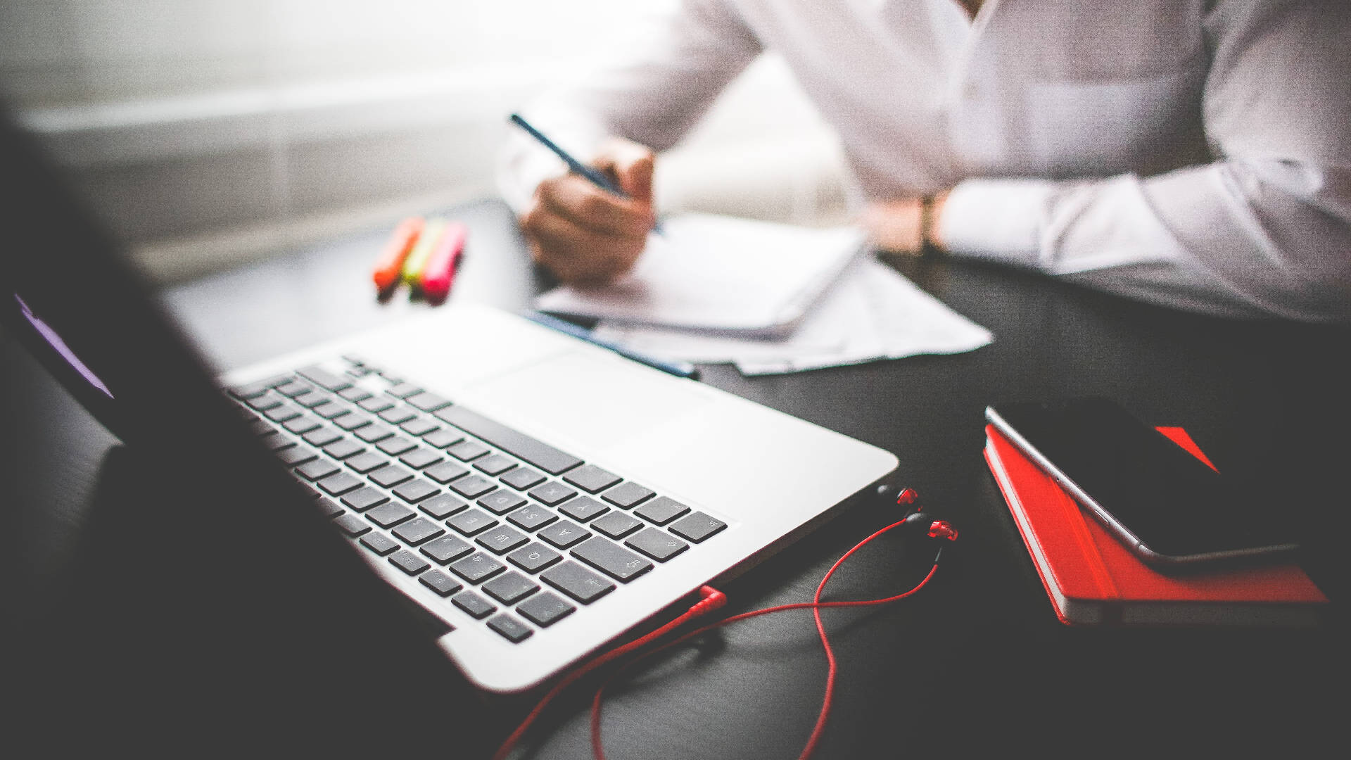 red black desk, white shirt, laptop, Full HD Desktop Wallpaper