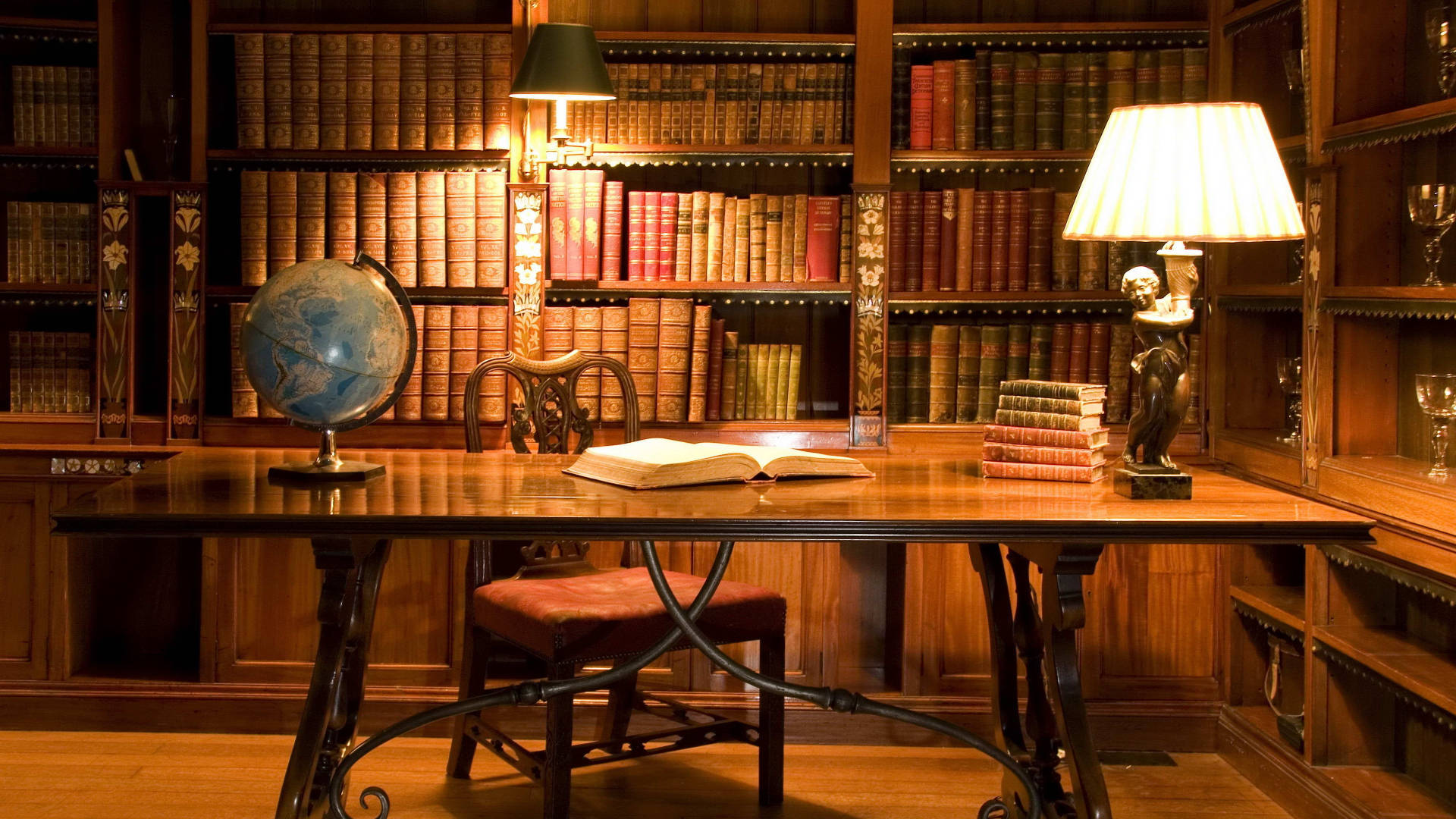 Traditional Library Desk, wooden study desk, open book globe, Full HD Desktop Wallpaper