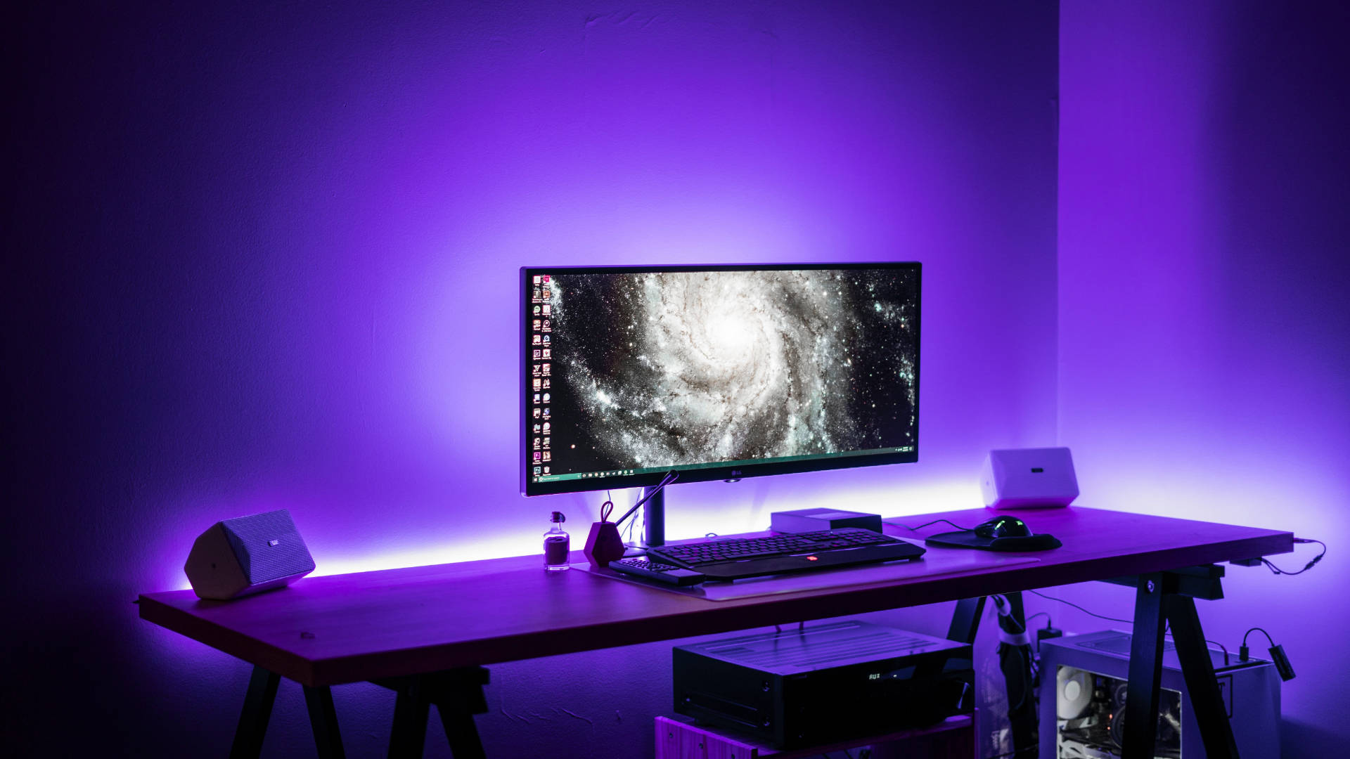 purple themed room, galaxy wallpaper, purple ambient light, Full HD Desktop Wallpaper