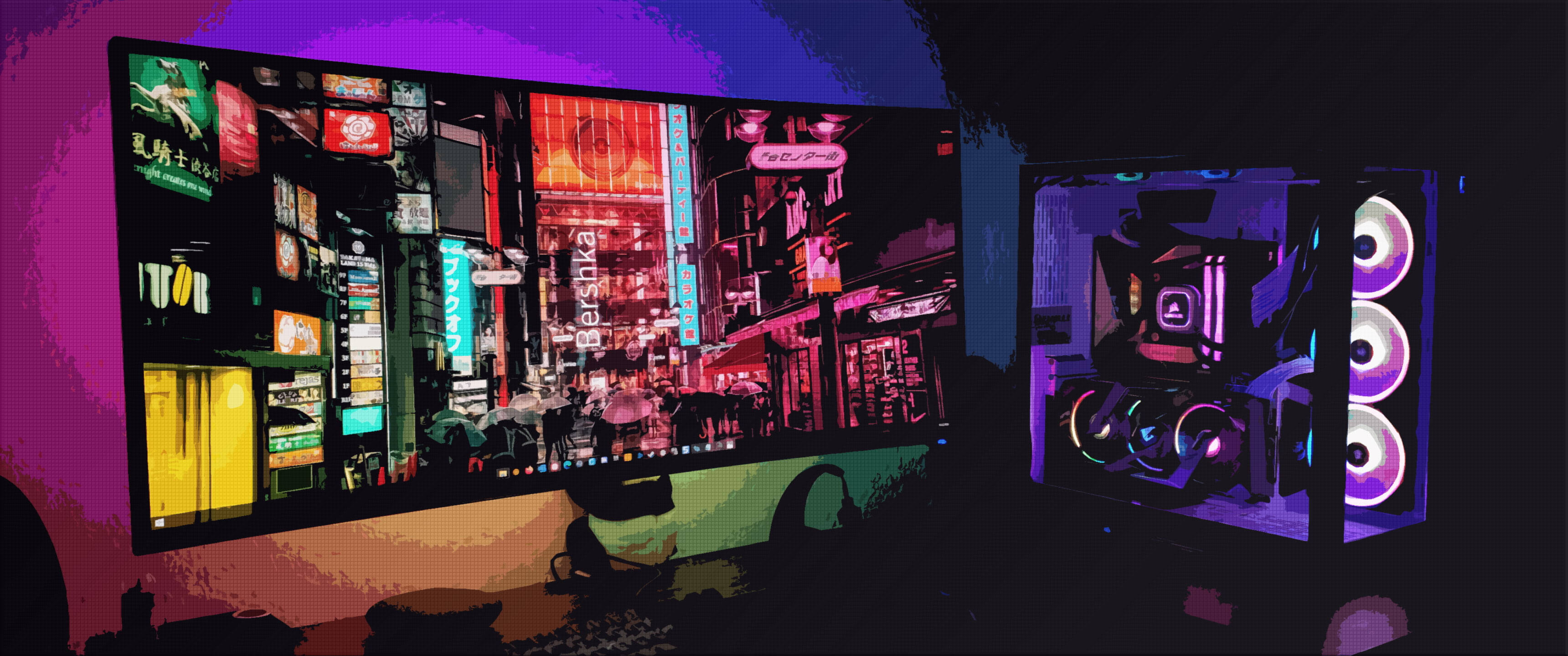 rainbow monitor, neon-lit cyberpunk street, custom PC, 2K Desktop Wallpaper