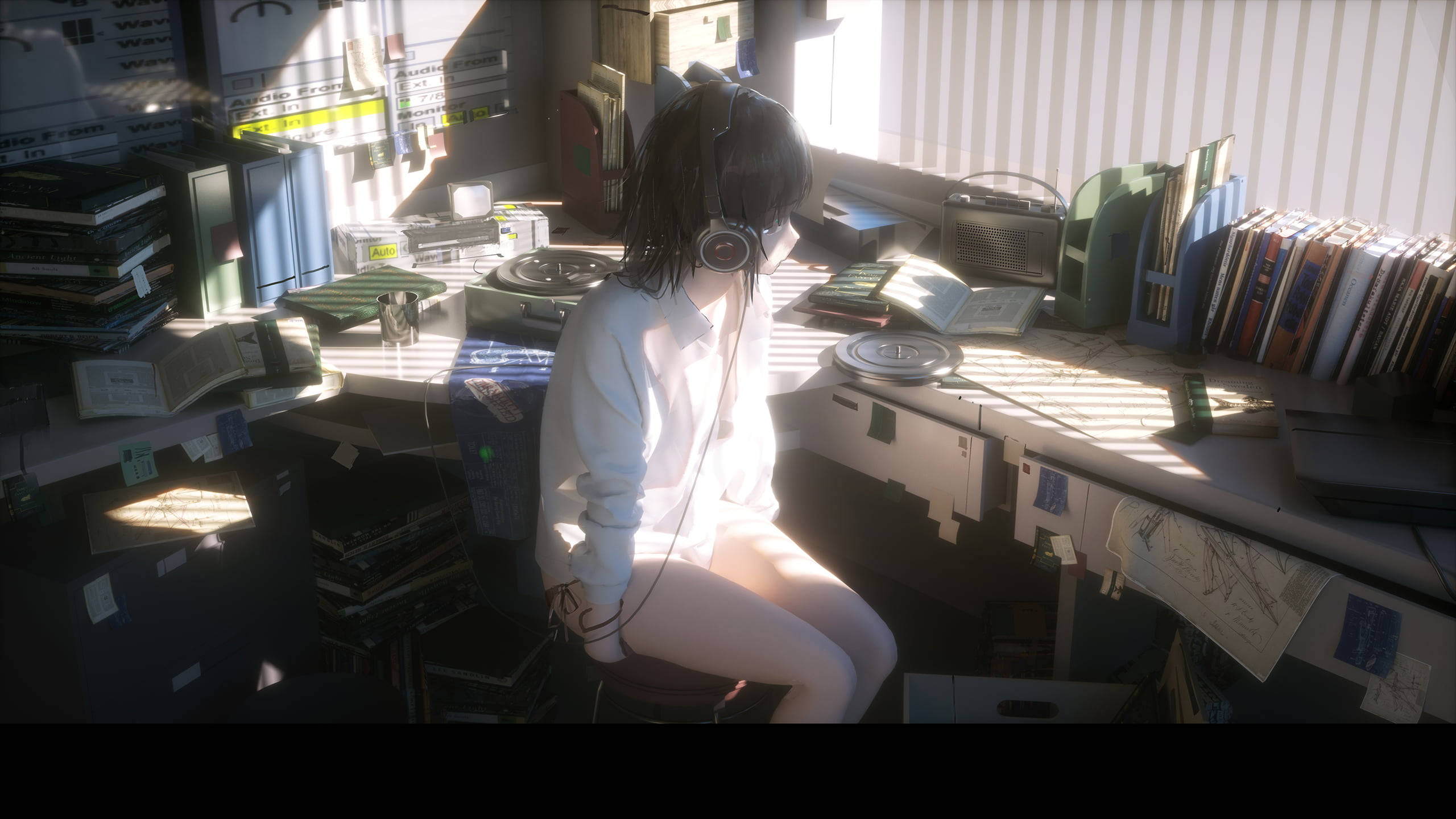 Soft Light Girl Desk, young woman, headphones, 2K Desktop Wallpaper