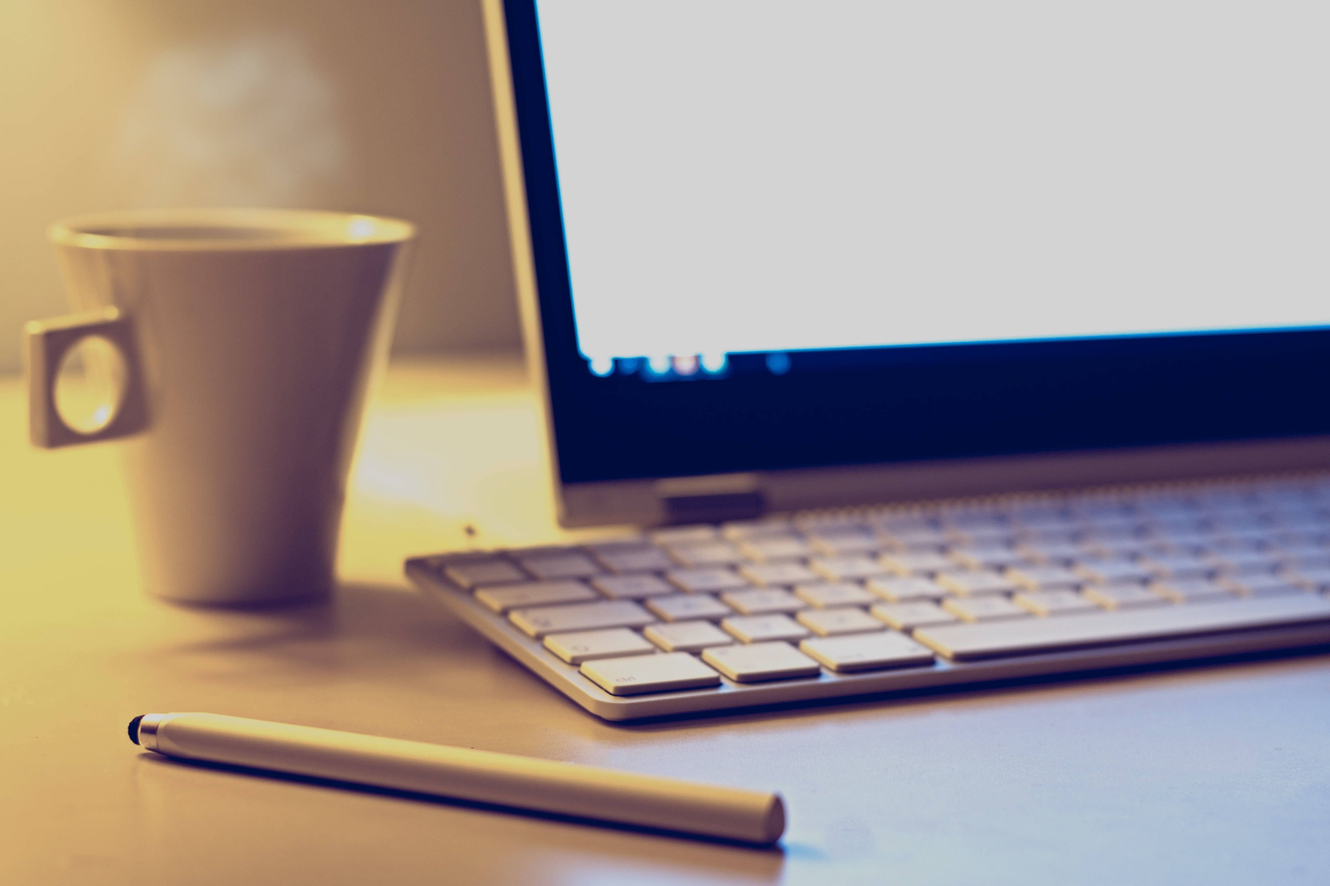 office desk, hot coffee, laptop, 5K Desktop Wallpaper