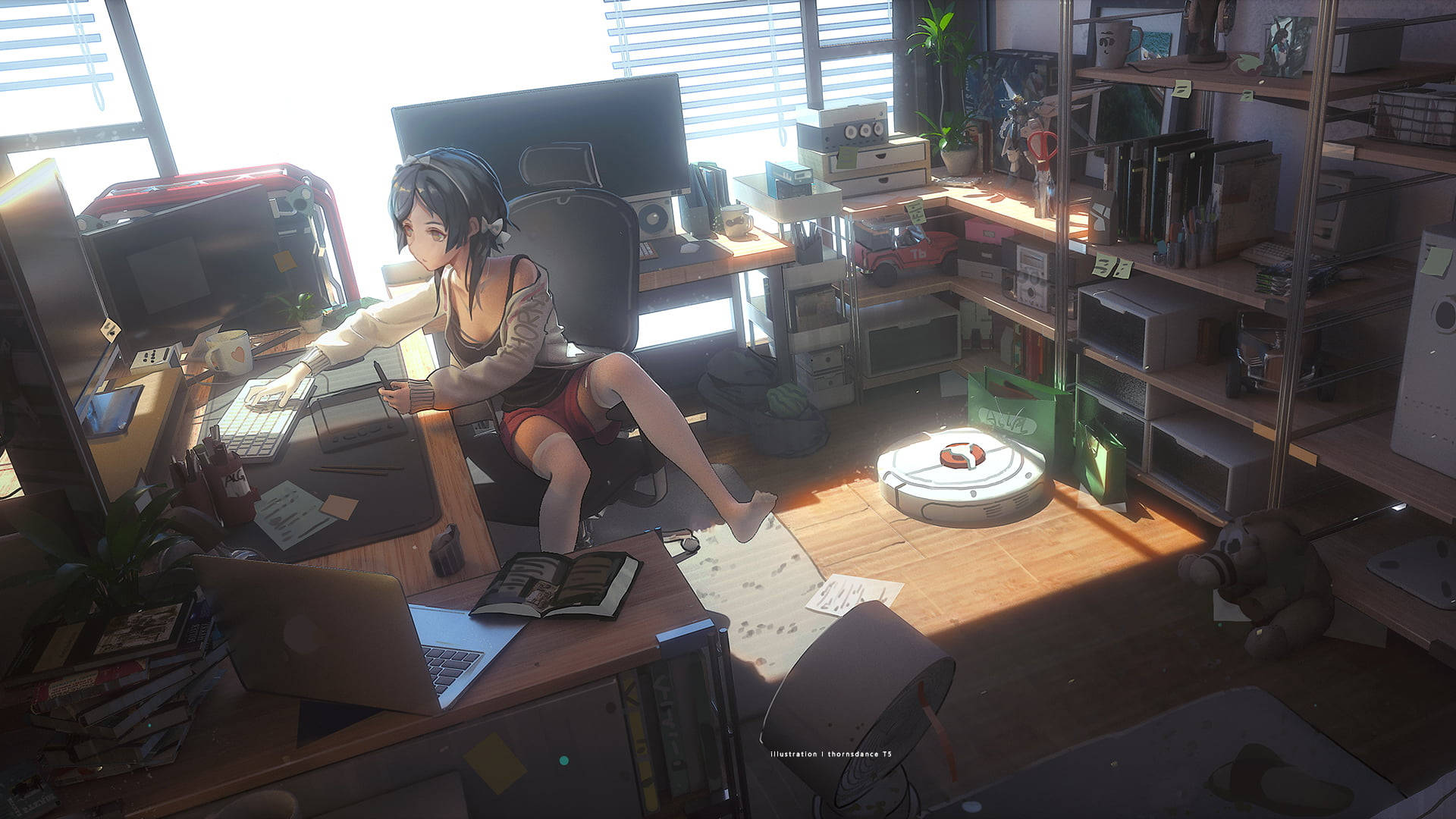 headphones, cluttered desk, sunlit home office, Full HD Desktop Wallpaper