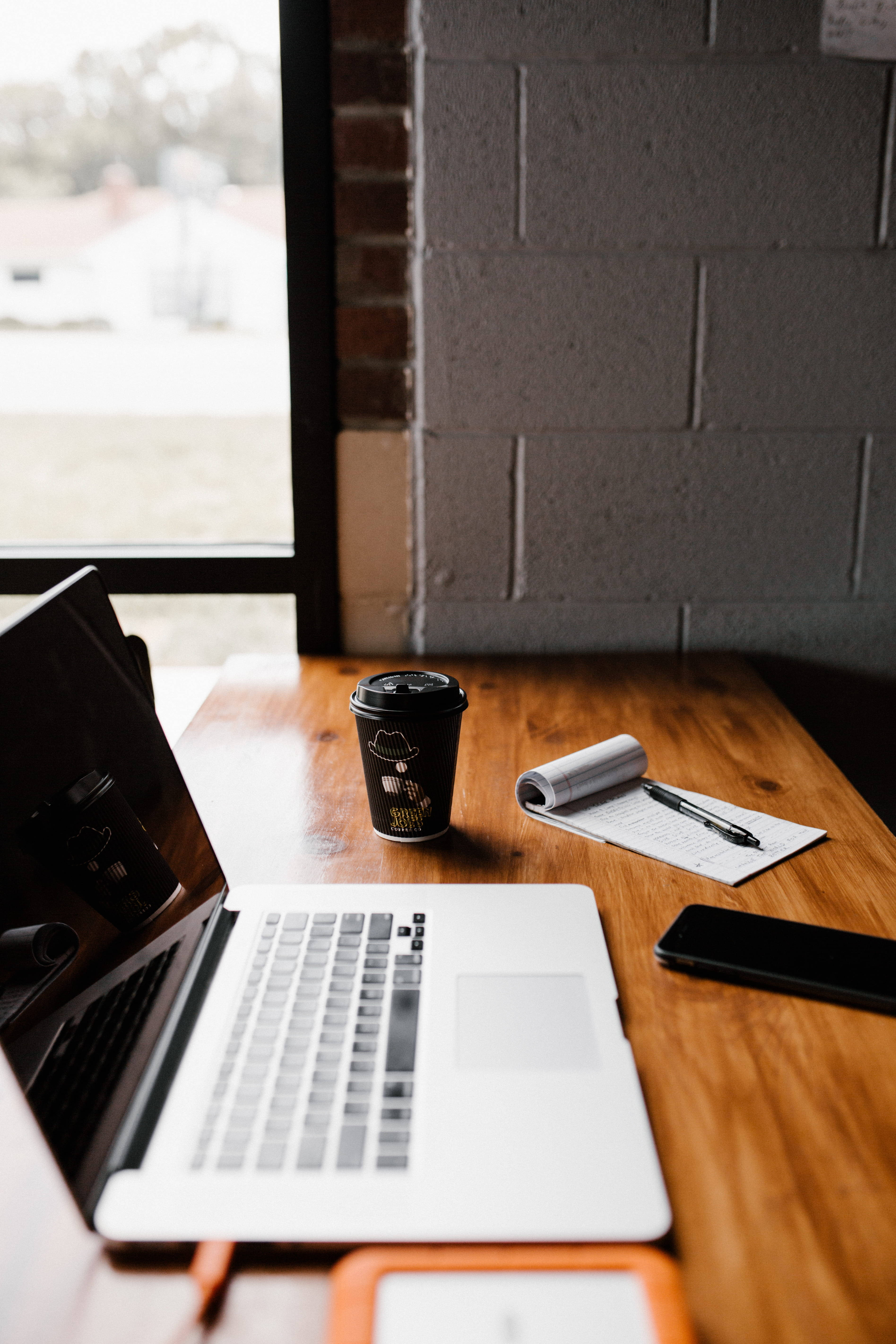 wooden desk, iPhone, coffee cup, 5K Phone Wallpaper
