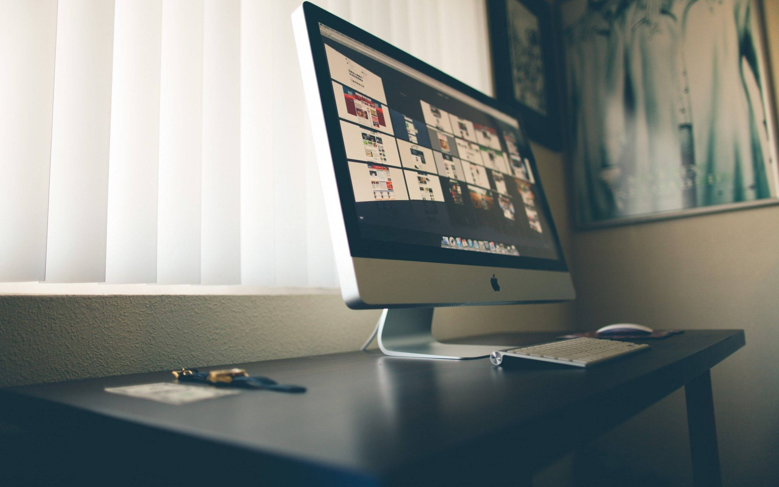 iMac, corner office desk, dark desk, 2K Desktop Wallpaper