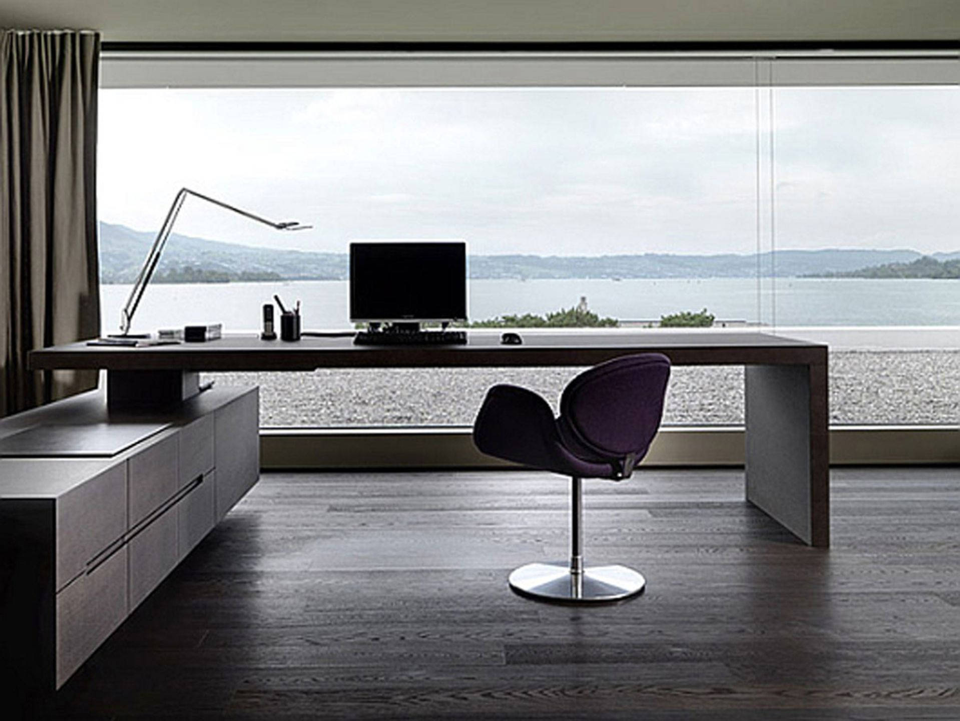dark wood desk, purple chair, large window, HD Desktop Wallpaper