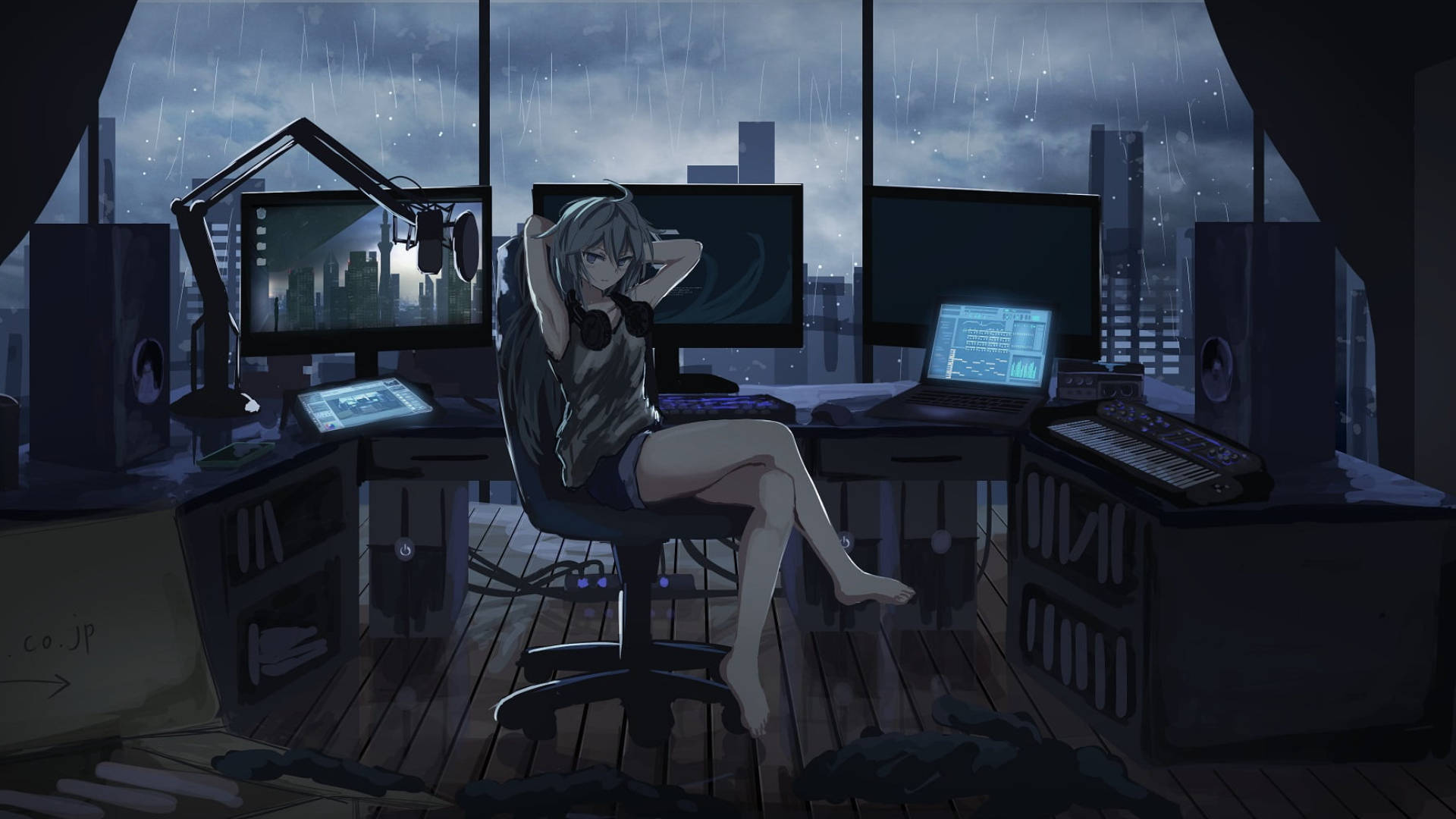 Stormy Outside Desk, anime girl, rain-slicked cityscape, Full HD Desktop Wallpaper