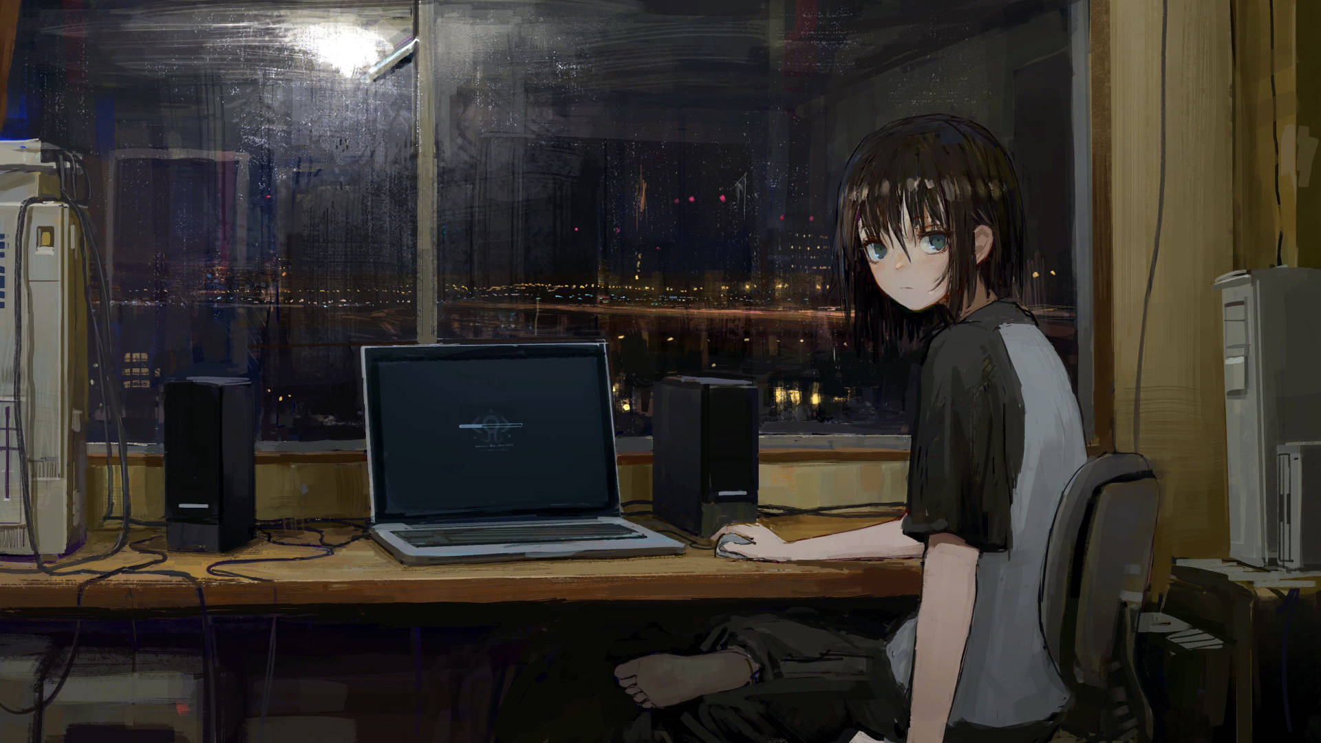 Gloomy Desk Anime Girl, cluttered desk, laptop, Full HD Desktop Wallpaper