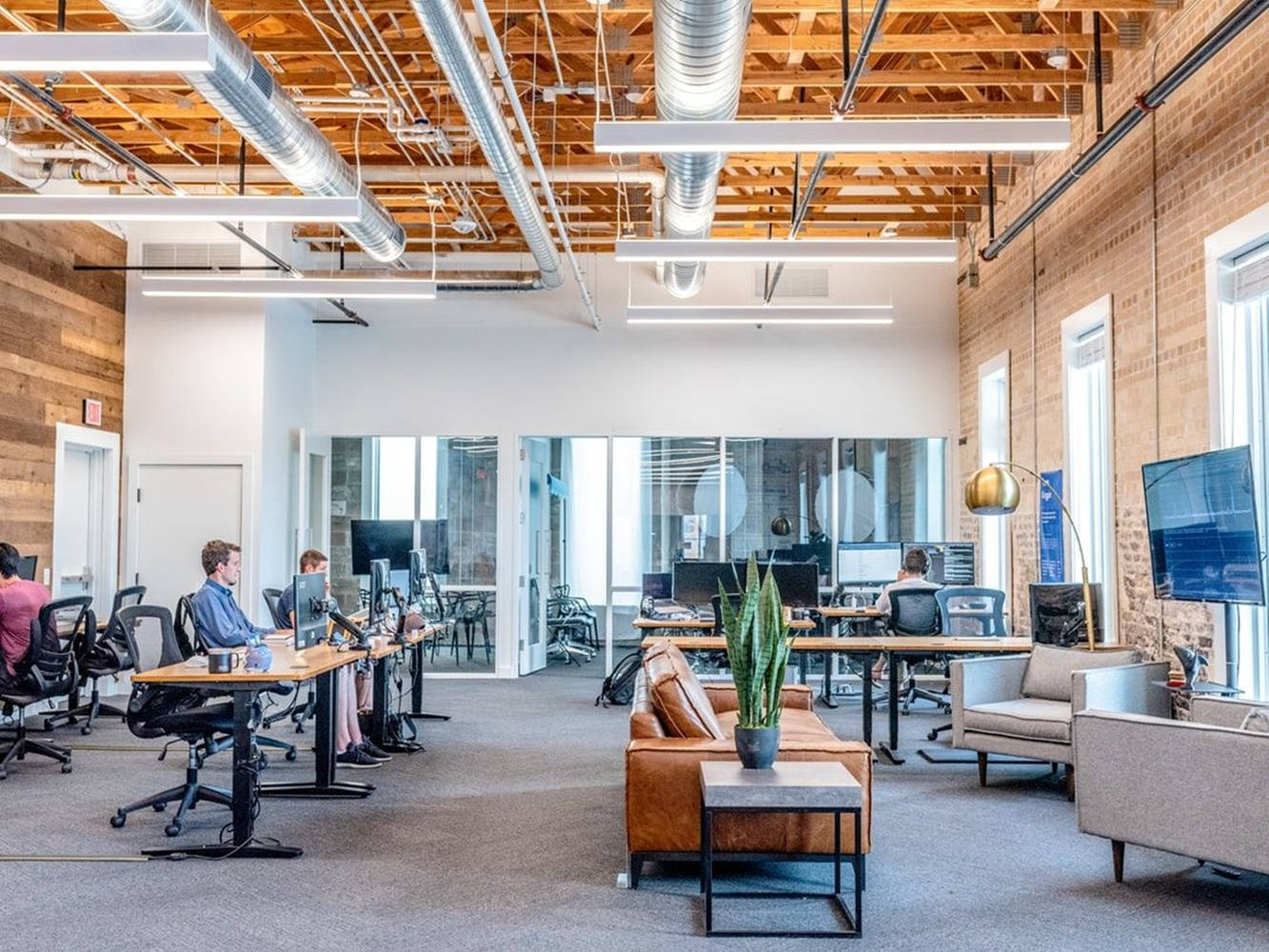 modern open-plan office, exposed wooden beams, brick walls, HD Desktop Wallpaper