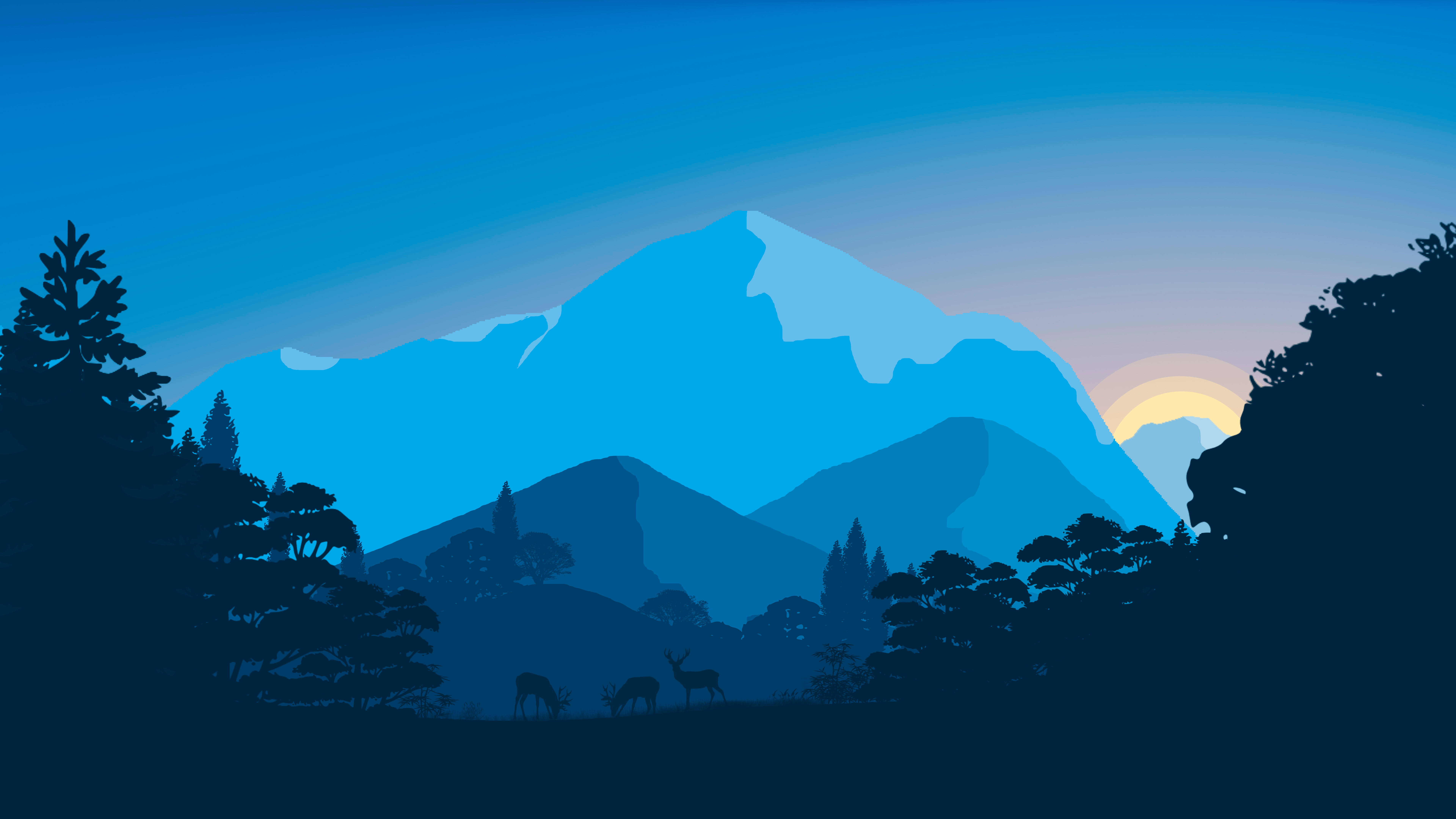 mountain range, silhouetted deer, twilight, 8K Desktop Wallpaper
