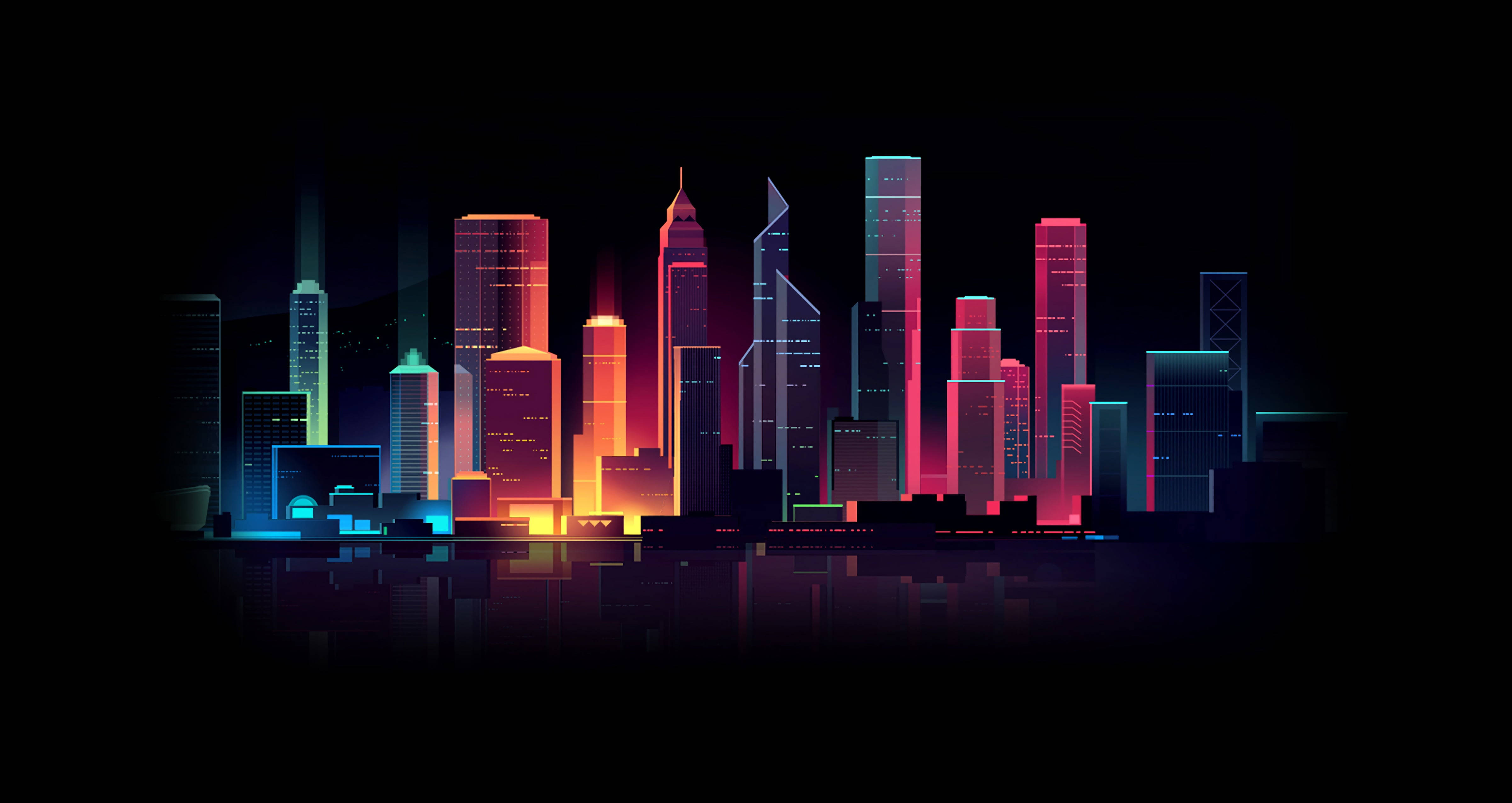neon-lit skyscrapers, dark night sky, colorful reflections, 4K Desktop Wallpaper