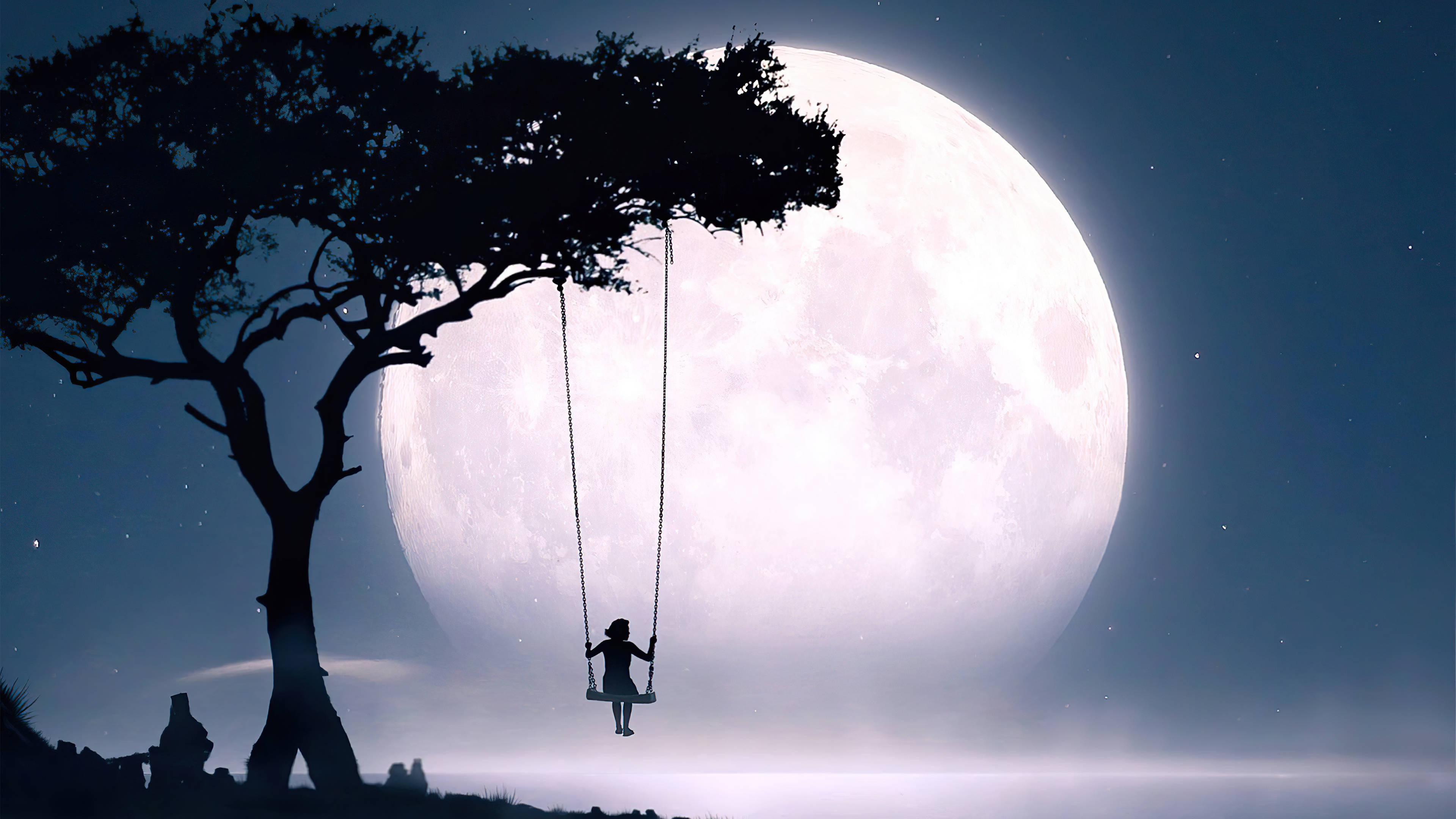 Moon 4K, swinging on tree, giant moonlit tree, 4K Desktop Wallpaper