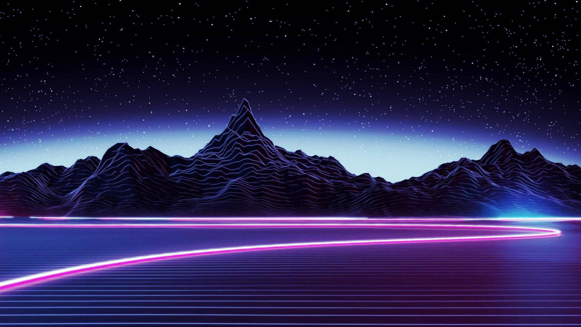 Neon pink, blue glowing lines, starry night sky, Full HD Desktop Wallpaper