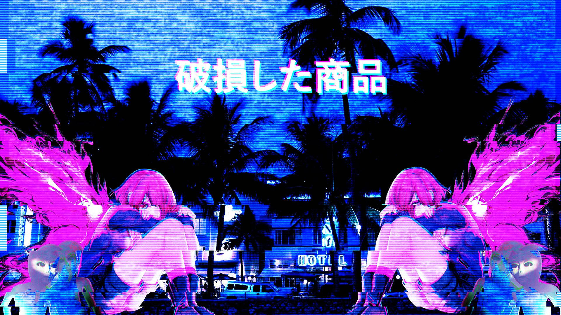 pink-haired anime girls, glowing wings, glitchy tropical night scene, Full HD Desktop Wallpaper