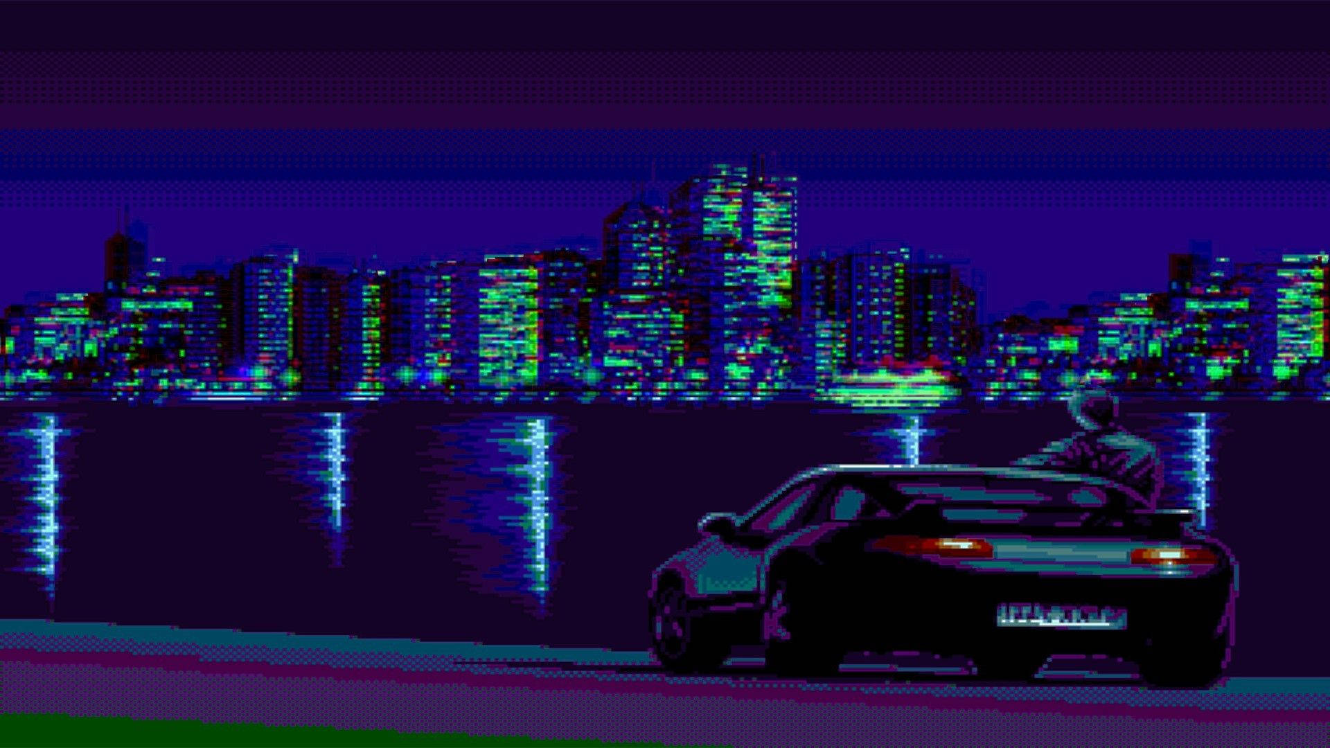 pixel-art sports car, neon city lights, water, Full HD Desktop Wallpaper