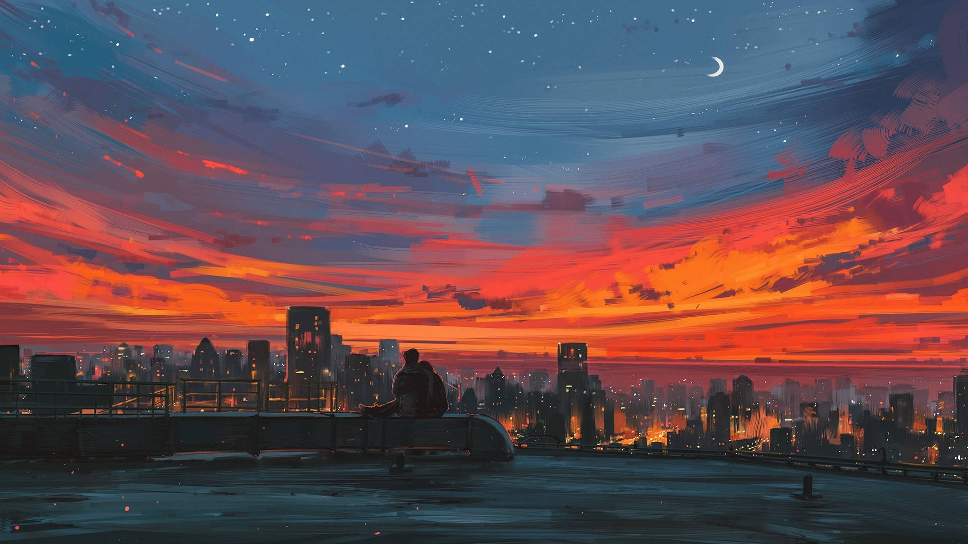 rooftop, city skyline, vibrant orange and blue sunset, Full HD Desktop Wallpaper