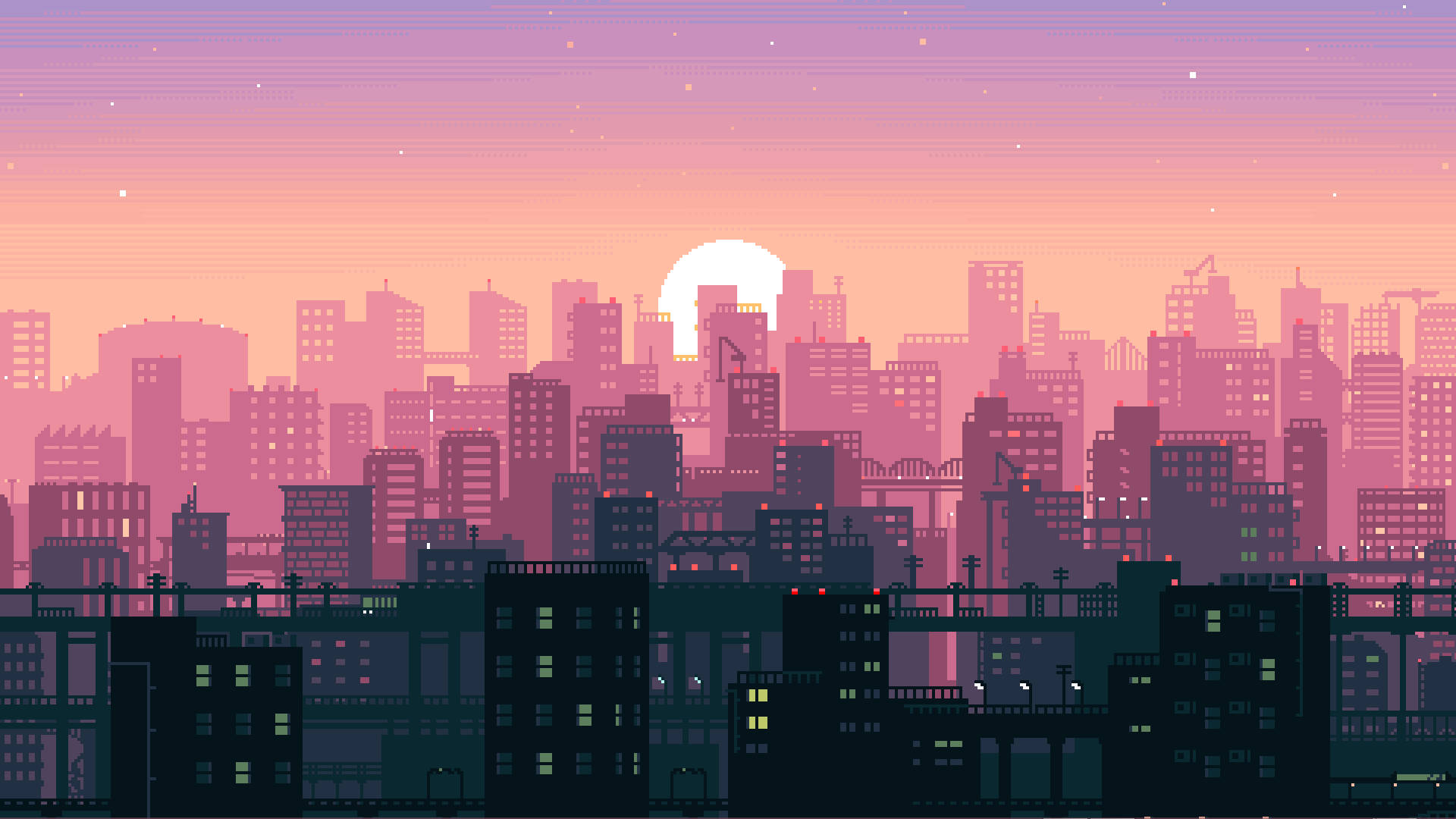 pixel-art, cityscape, sunset, Full HD Desktop Wallpaper