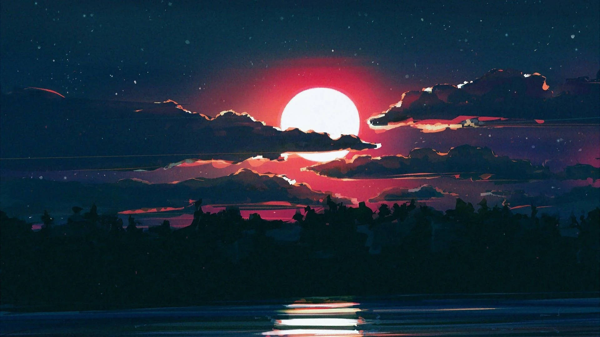Red Moon, forest, dark clouds, Full HD Desktop Wallpaper
