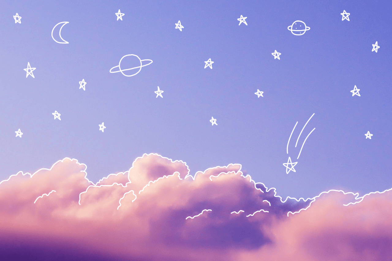 Pastel purple sky, Fluffy pink clouds, White line drawings of stars, HD Desktop Wallpaper
