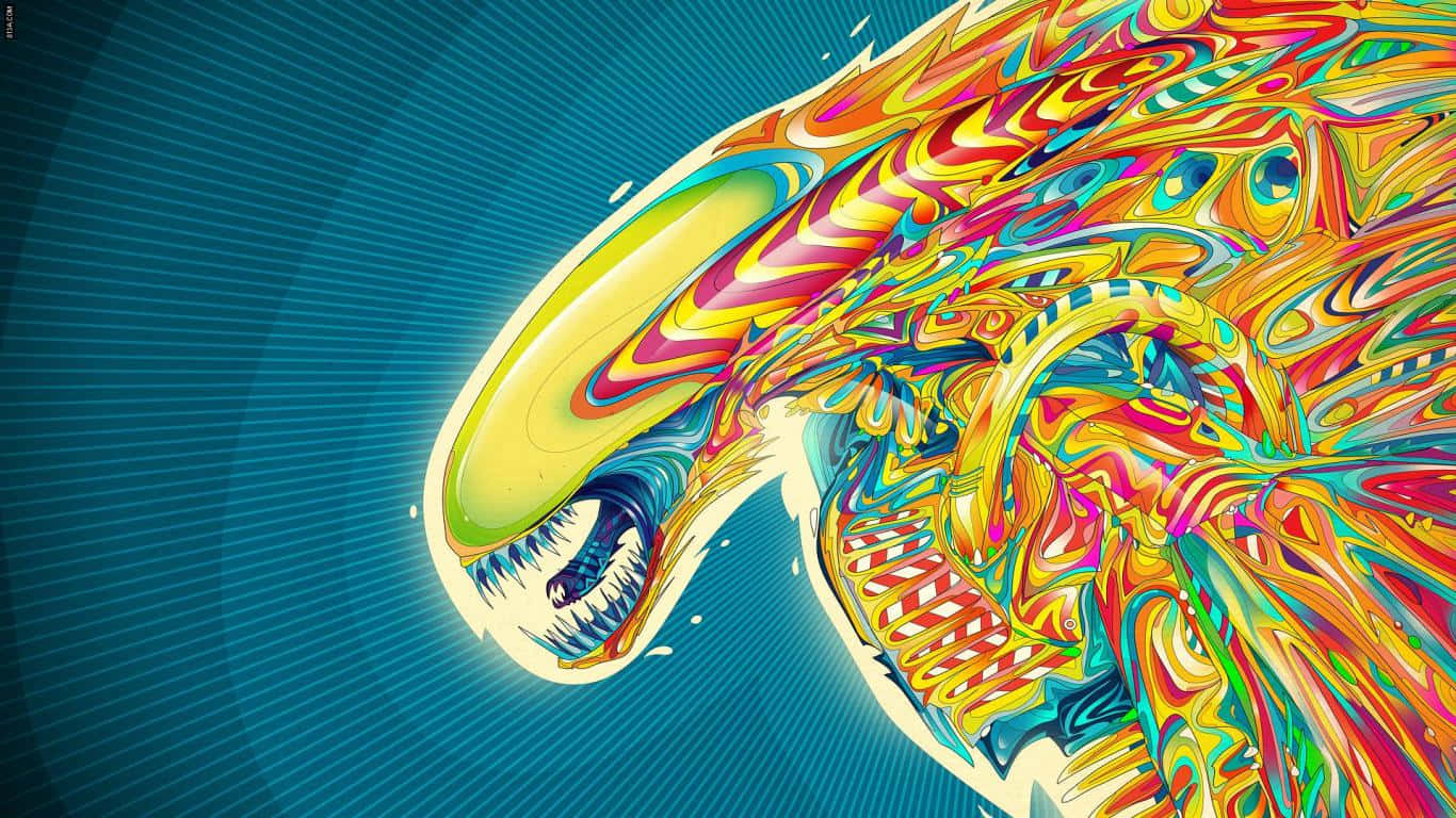 psychedelic alien creature, swirling rainbow patterns, sharp teeth, HD Desktop Wallpaper
