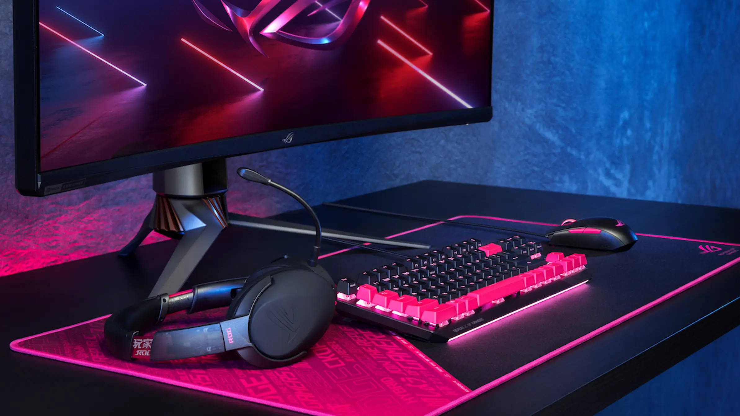 gaming setup, glowing pink keyboard, headset, Full HD Desktop Wallpaper
