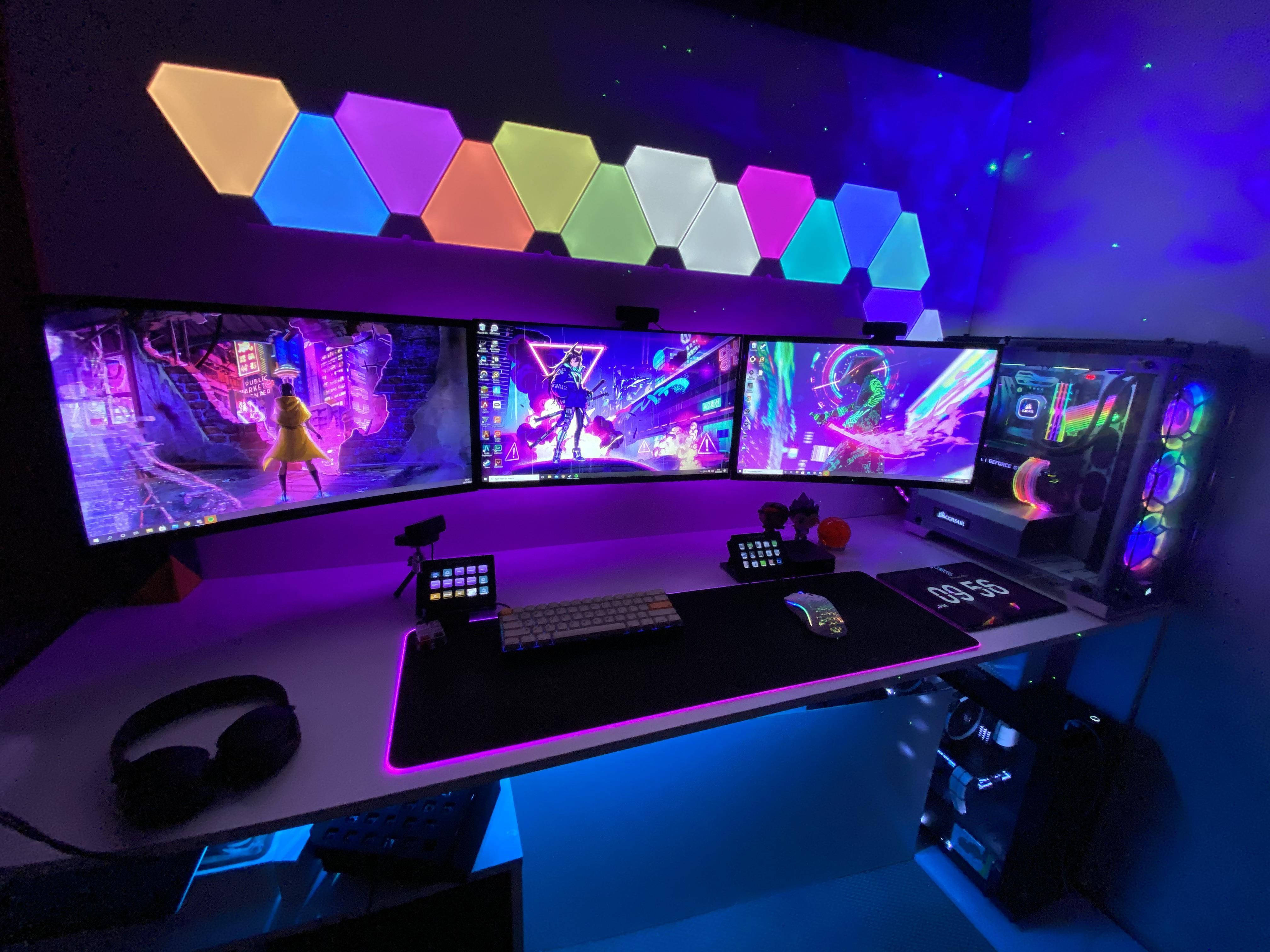 neon cyberpunk scenes, colorful hexagonal ceiling lights, multiple monitors, 4K Desktop Wallpaper
