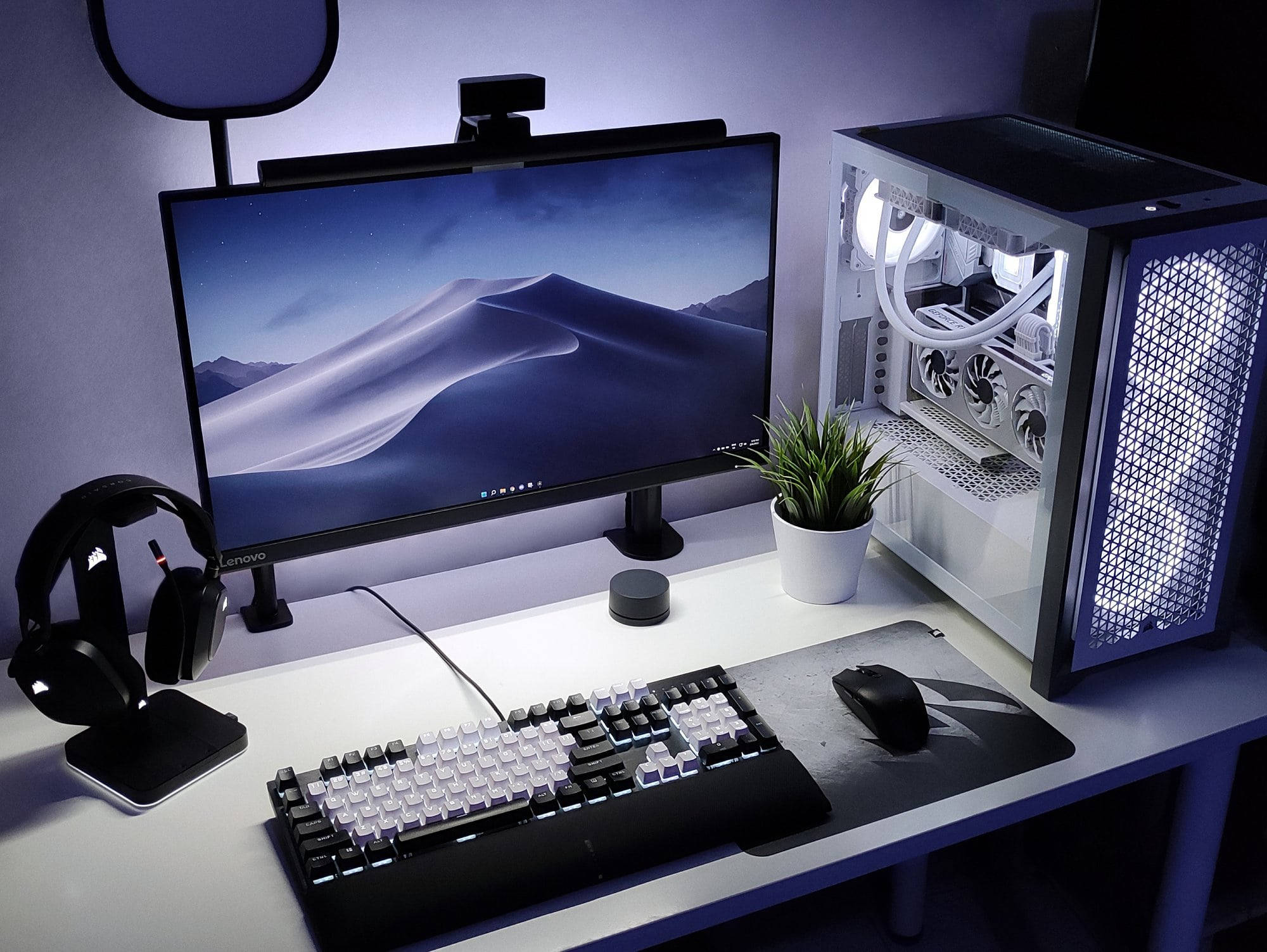 black and white desktop computer, glowing white PC case, desert landscape, Full HD Desktop Wallpaper