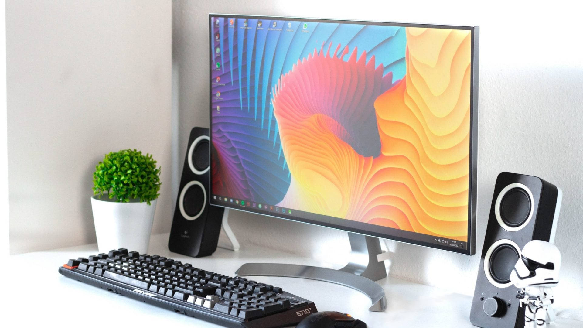 simple desktop computer, vibrant abstract wallpaper, speakers, Full HD Desktop Wallpaper