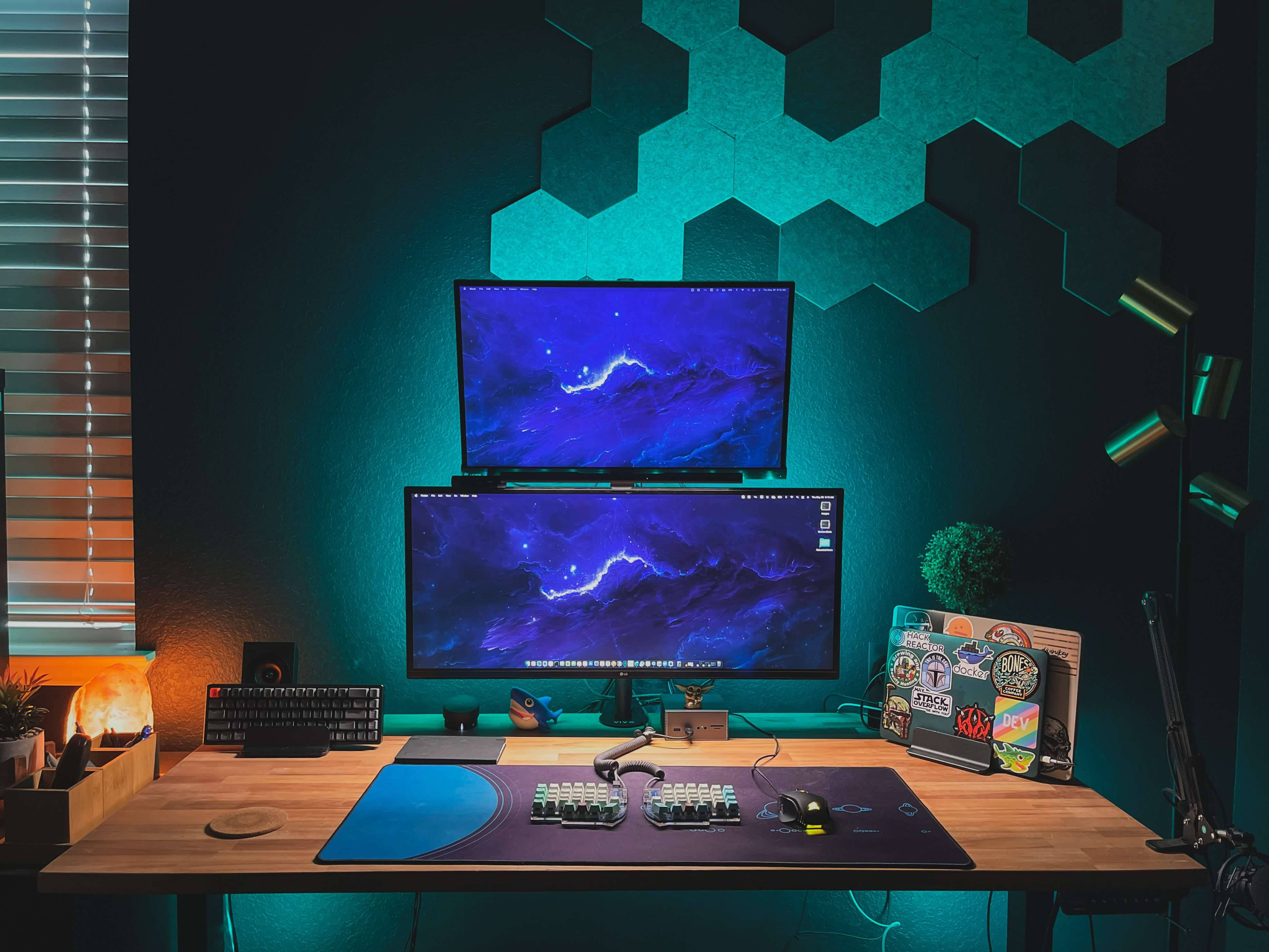 dual screen desktop computer, teal ambient lighting, cosmic wallpapers, 4K Desktop Wallpaper