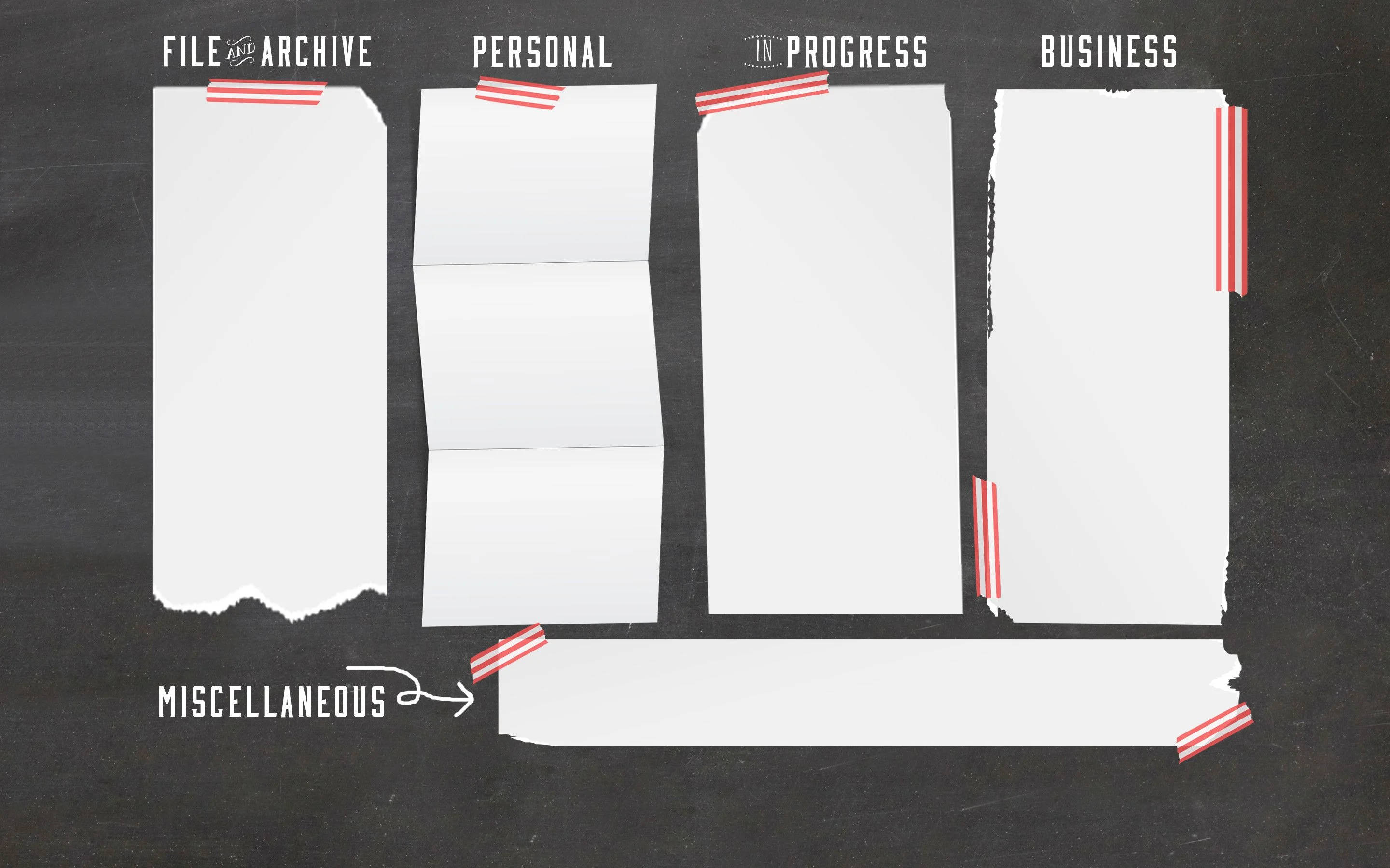 white paper desktop organizer, dark surface, red and white striped tape, 2K Desktop Wallpaper