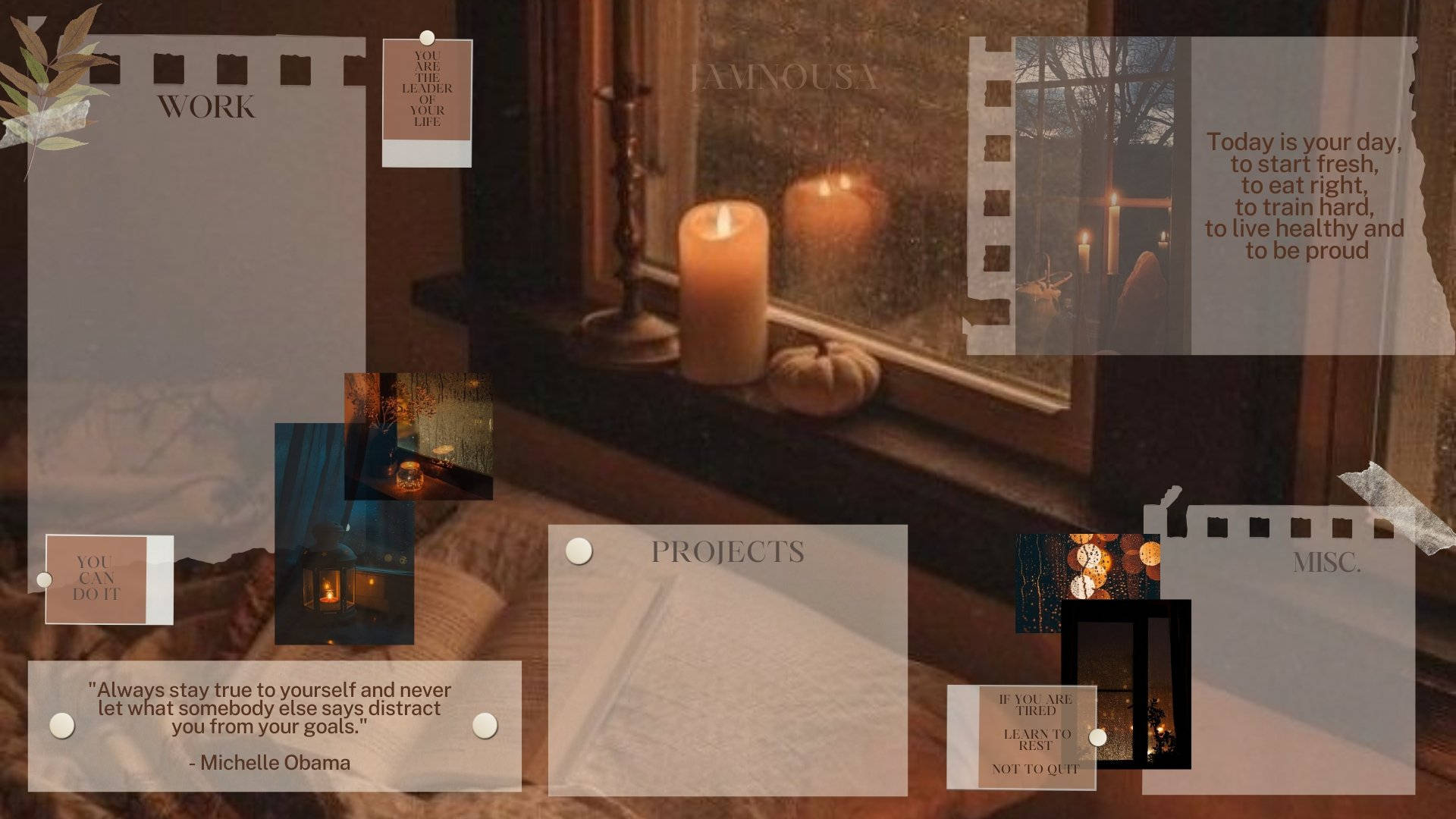 Room Window Desktop Organizer, autumnal workspace, lit candles, Full HD Desktop Wallpaper