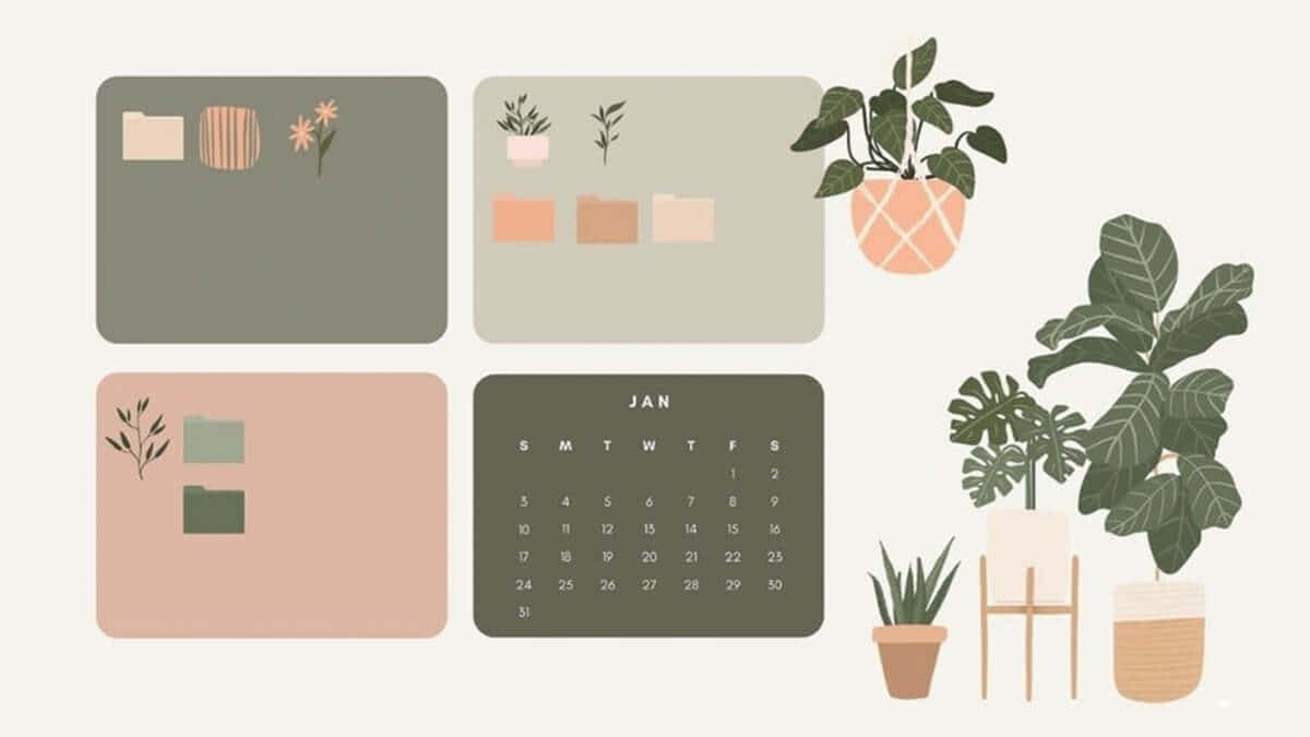 desktop organizer, potted plants, January calendar, SD Desktop Wallpaper