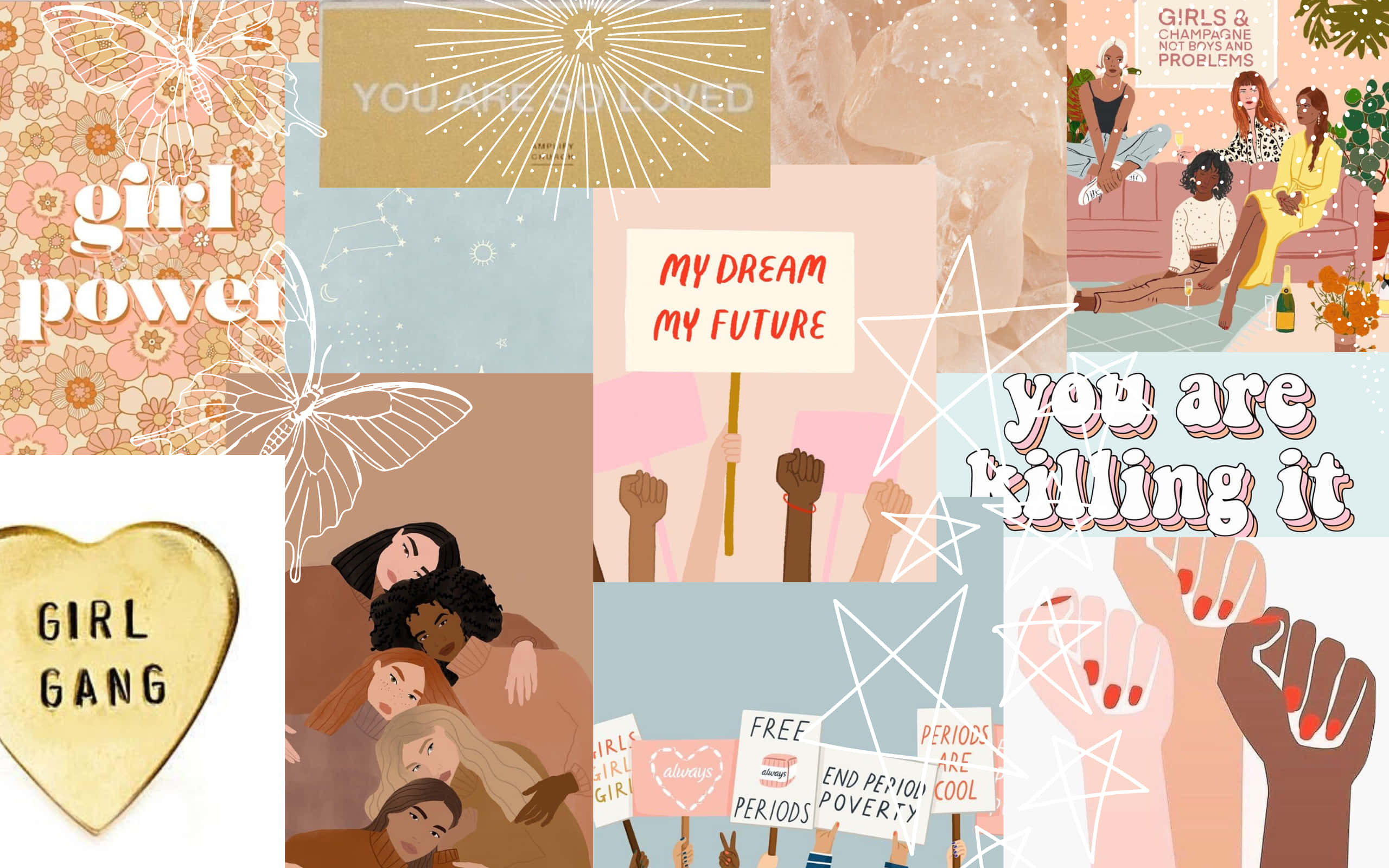 girl aesthetic desktop, pink and white elements, empowering illustrations, 2K Desktop Wallpaper
