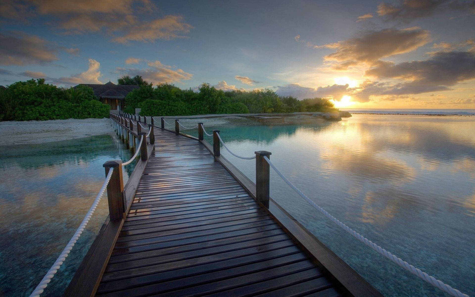 sunset, wooden bridge, turquoise water, Full HD Desktop Wallpaper
