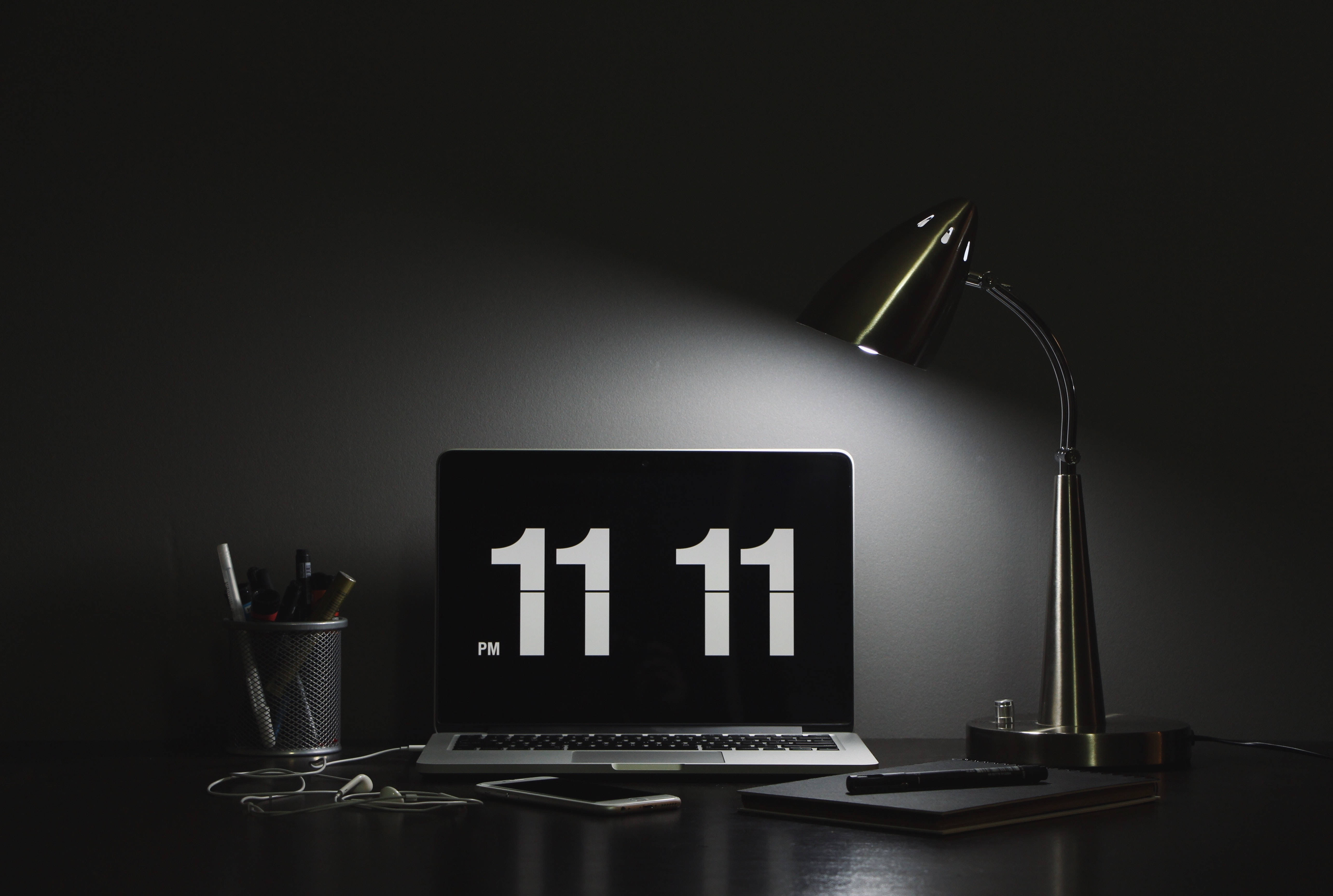 black and white office desk, laptop, 11 11 PM, 5K Desktop Wallpaper