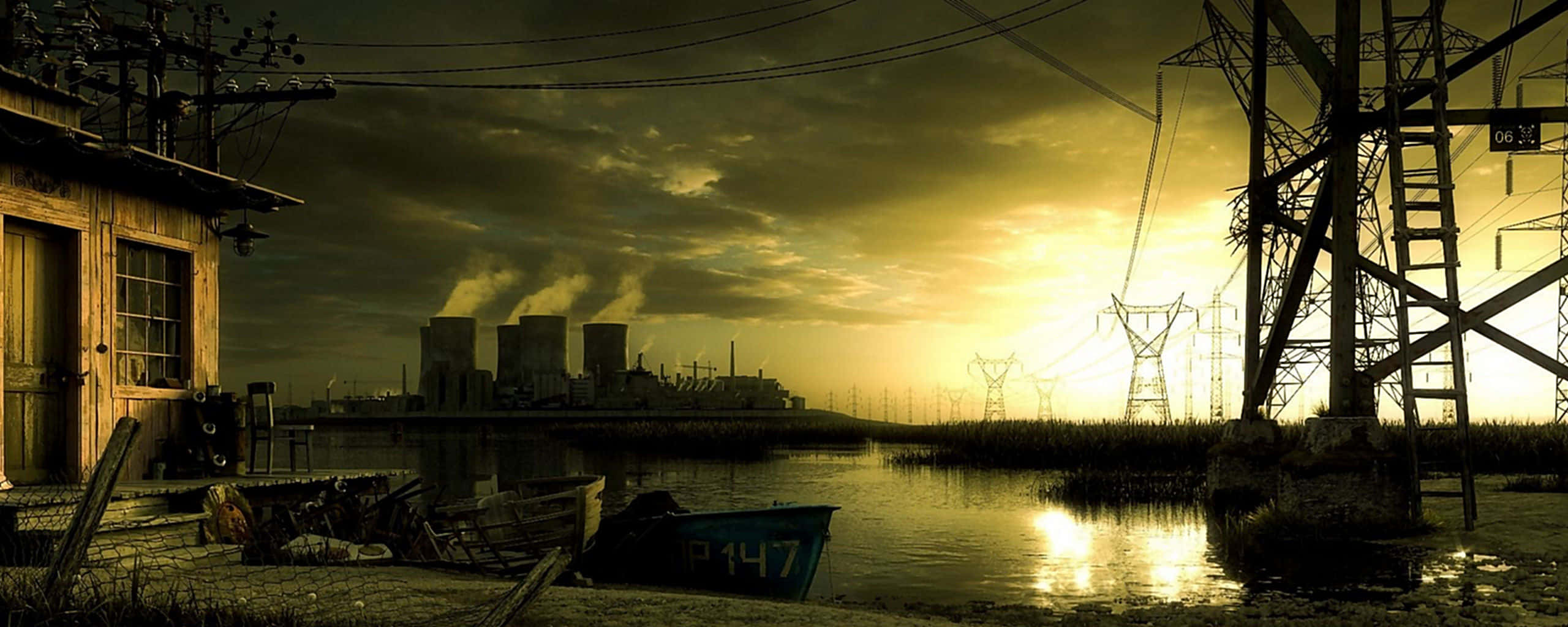 Panoramic Desolate Seaport, riverside shack, polluted industrial complex, 2K Desktop Wallpaper