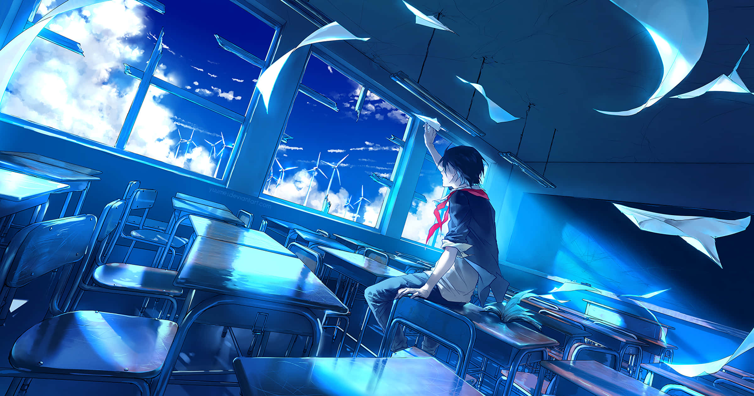 Desolate, anime boy, empty classroom, Full HD Desktop Wallpaper