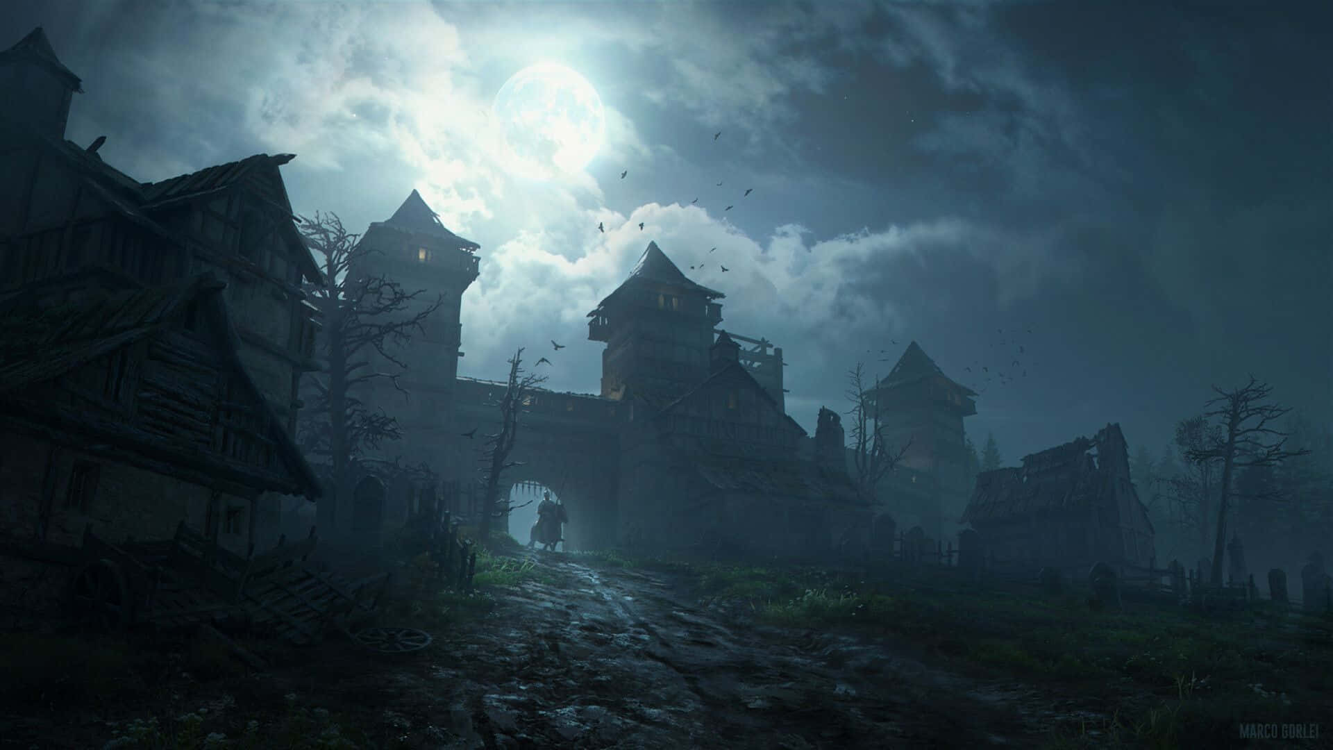 Desolate, castle gate palace, misty moonlit village, Full HD Desktop Wallpaper