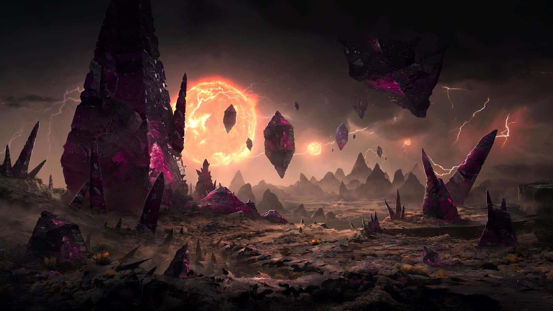Desolate, alien planet, jagged purple crystal spires, Full HD Desktop Wallpaper