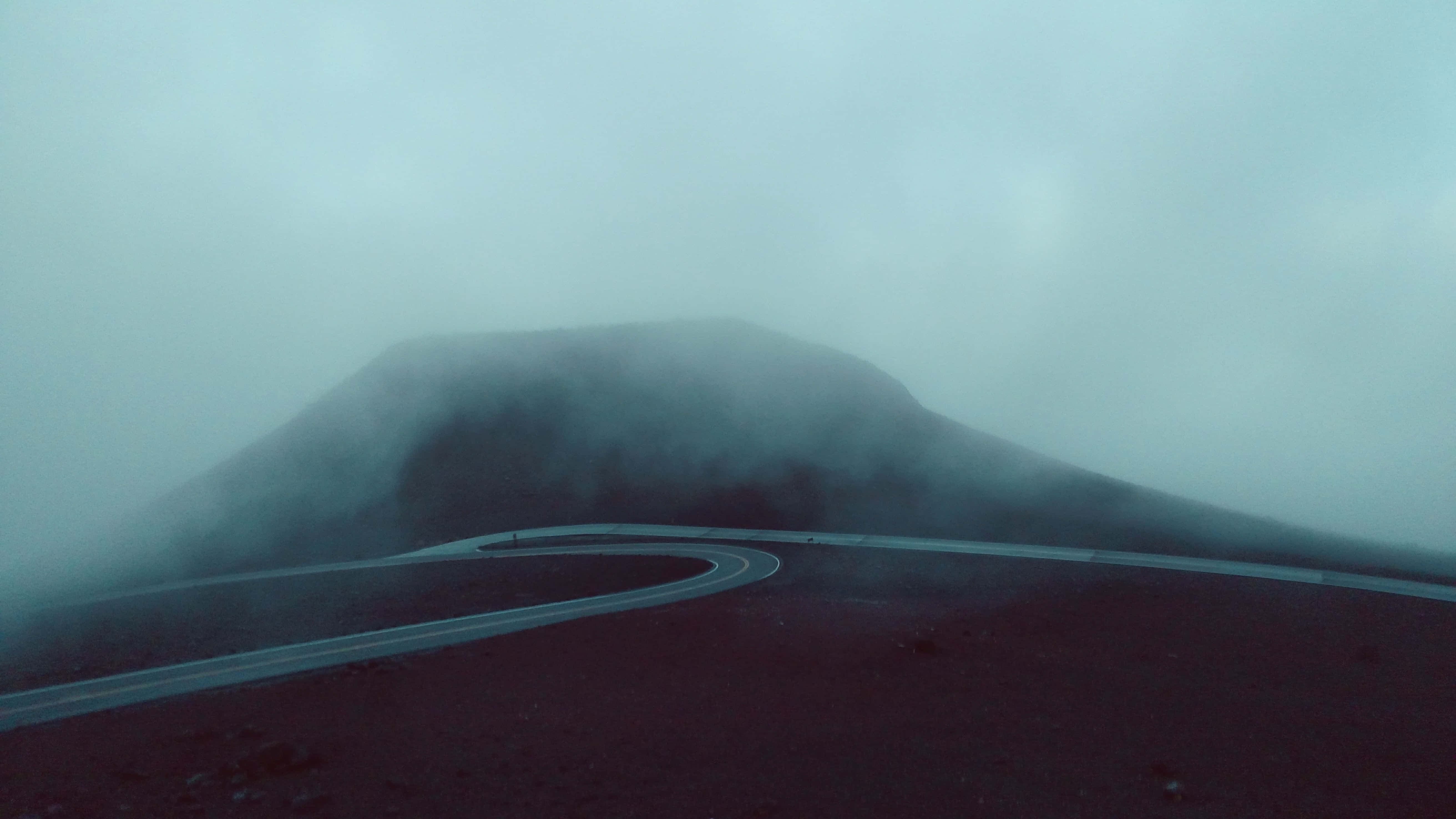 Desolate, foggy mountain, winding road, 5K Desktop Wallpaper