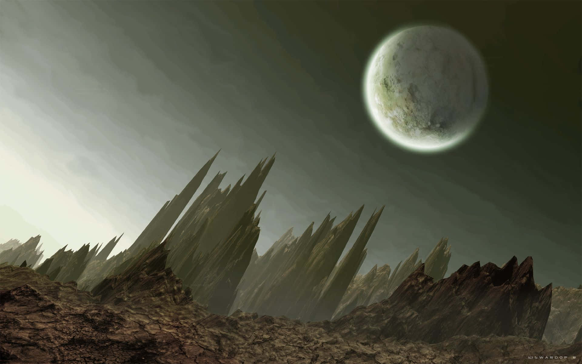 desolate planet abandonment, jagged rock formations, large glowing moon, Full HD Desktop Wallpaper