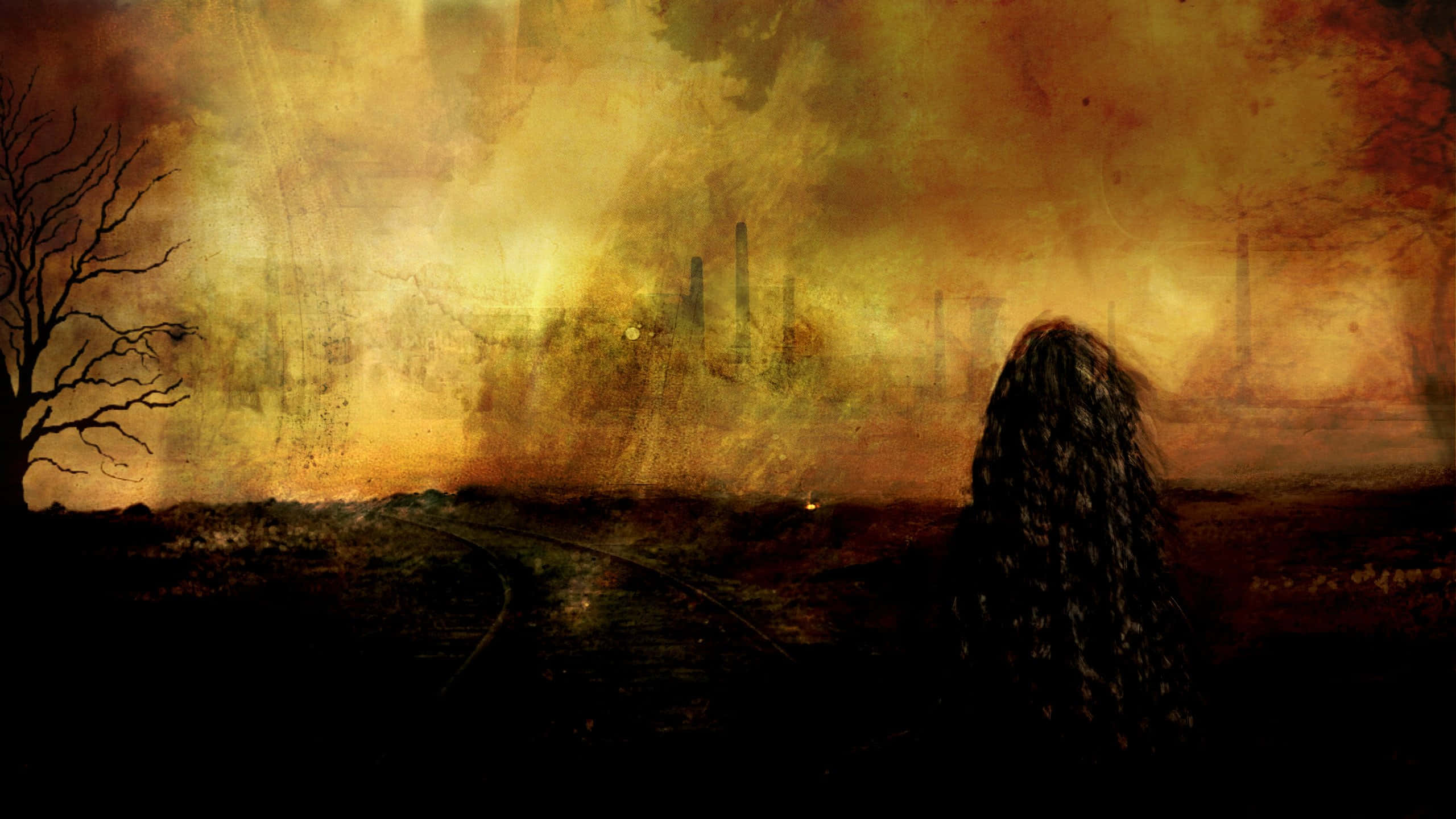 Desolate, hooded figure, shadowed field, 2K Desktop Wallpaper
