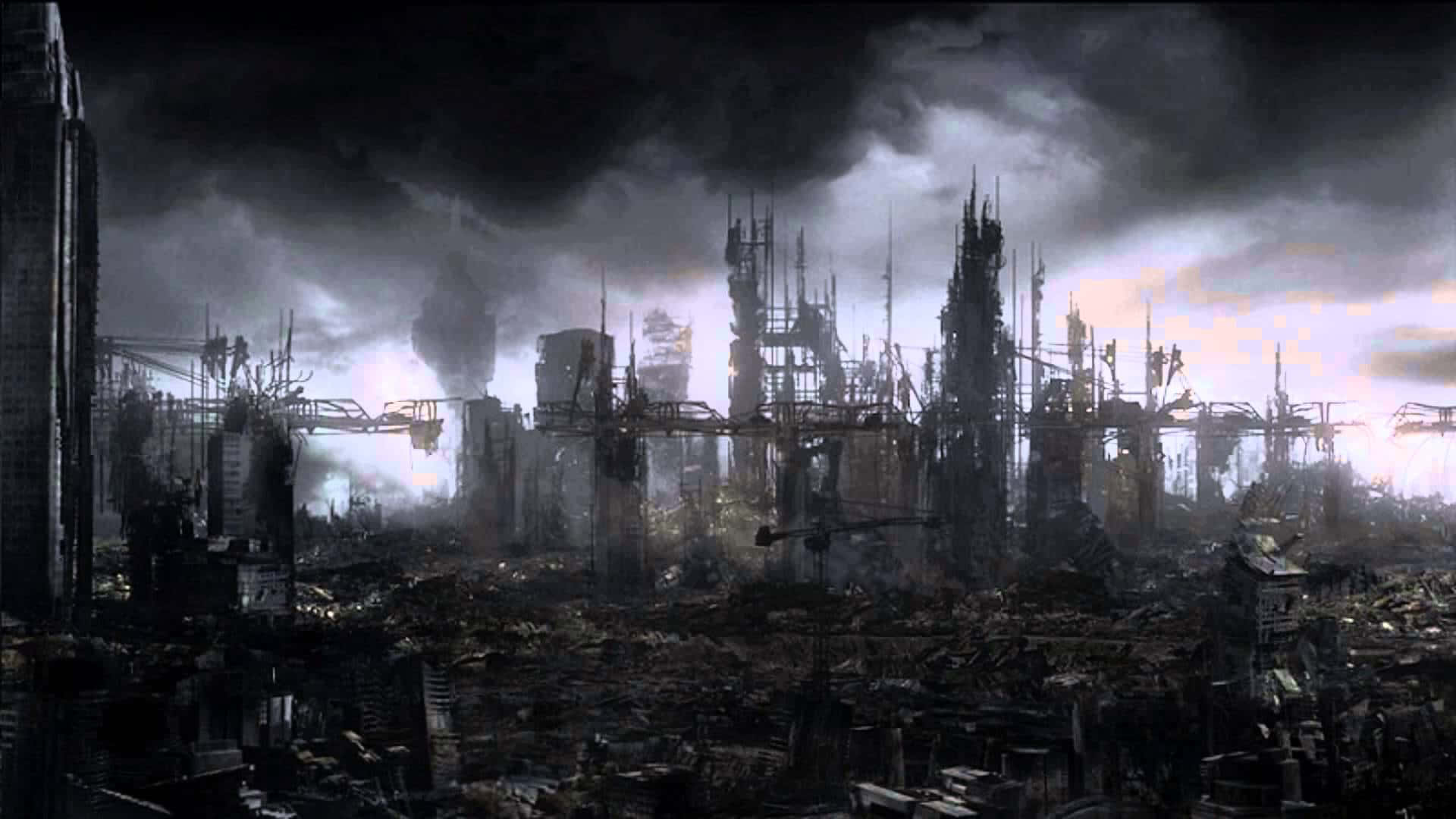Desolate, wasteland city, stormy sky, Full HD Desktop Wallpaper